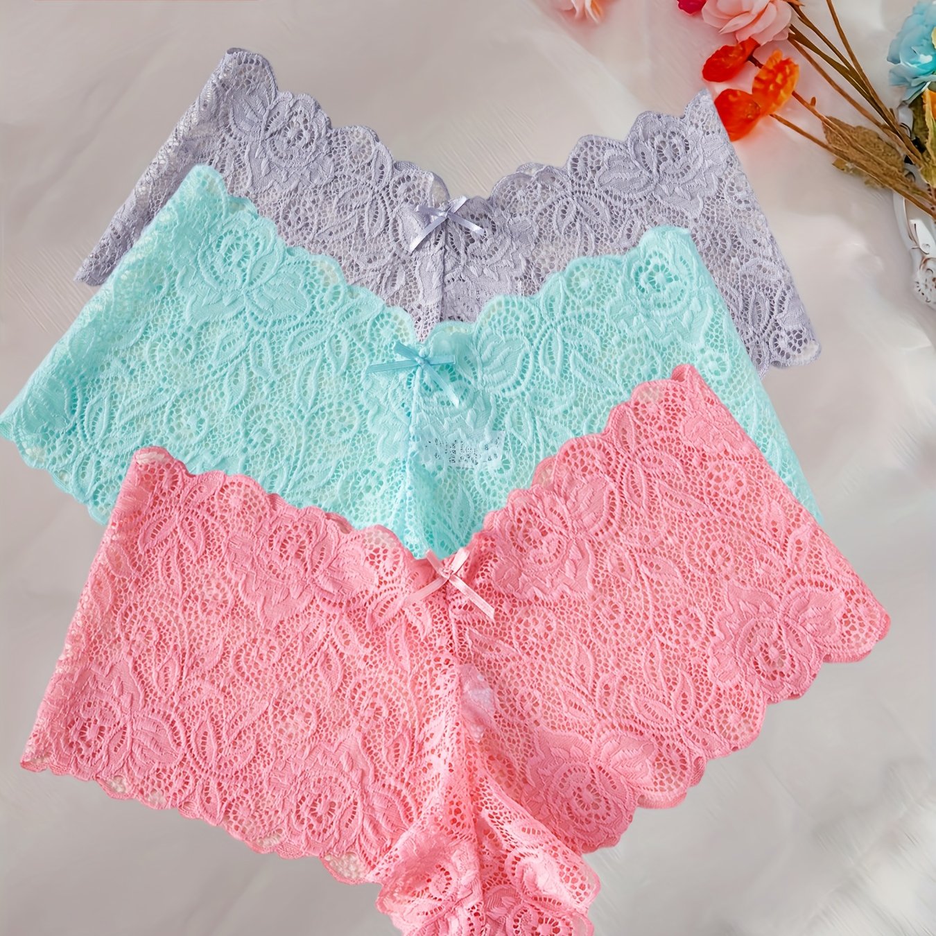 TEMU 3pcs Fantasy Lace Panty Set | Wave Lace And Bowknot, 3 Combinations