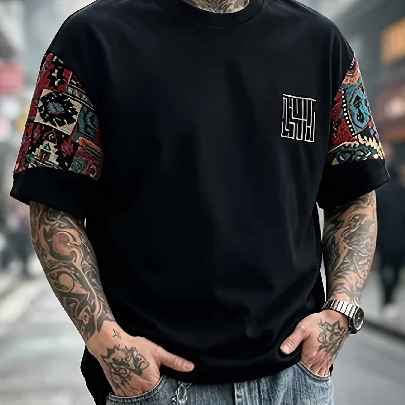 TEMU Men's Plus Size Ethnic Print T-shirt - Crew Neck Short Sleeve Athletic Shirt Suitable For Jogging, Gym & Casual Wear, Breathable Regular Fit For