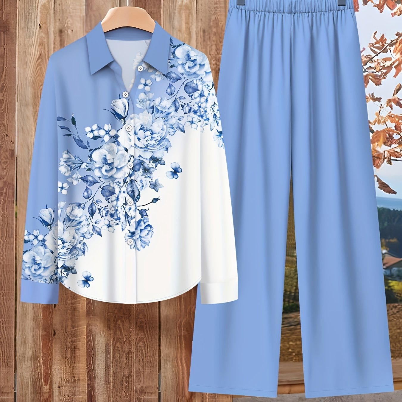 TEMU Women's Elegant Color-block Floral Print Long Sleeve Lapel Blouse And Solid Color Loose Trousers Two-piece Set