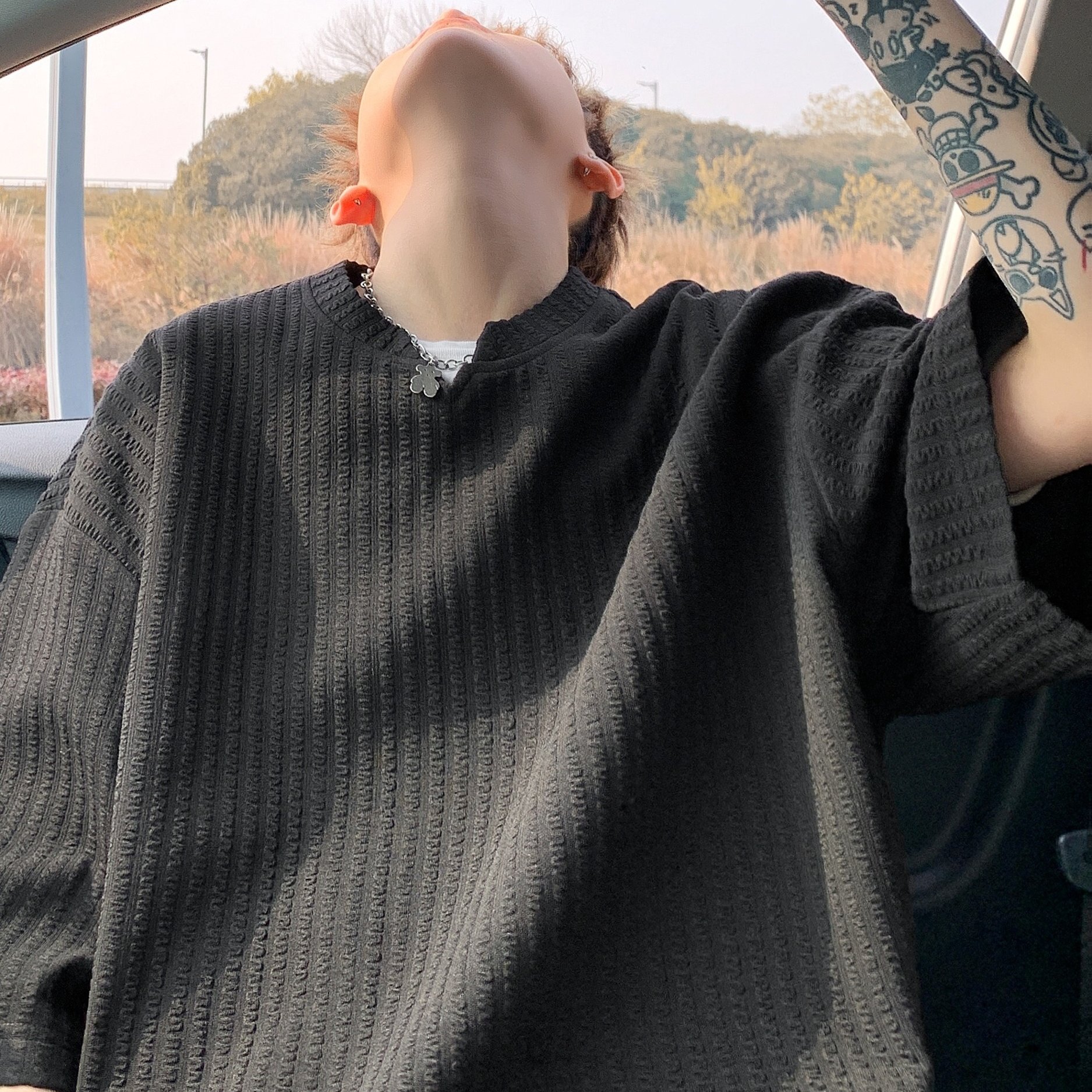 TEMU 남성용 통기성 루즈핏 브이넥 티셔츠 - 질감 있는 반팔 여름 캐주얼 상의, 일상복 및 야외 활동용, 청소년 및 젊은 남성을 위한 기계 세탁 가능한 단색 셔츠
