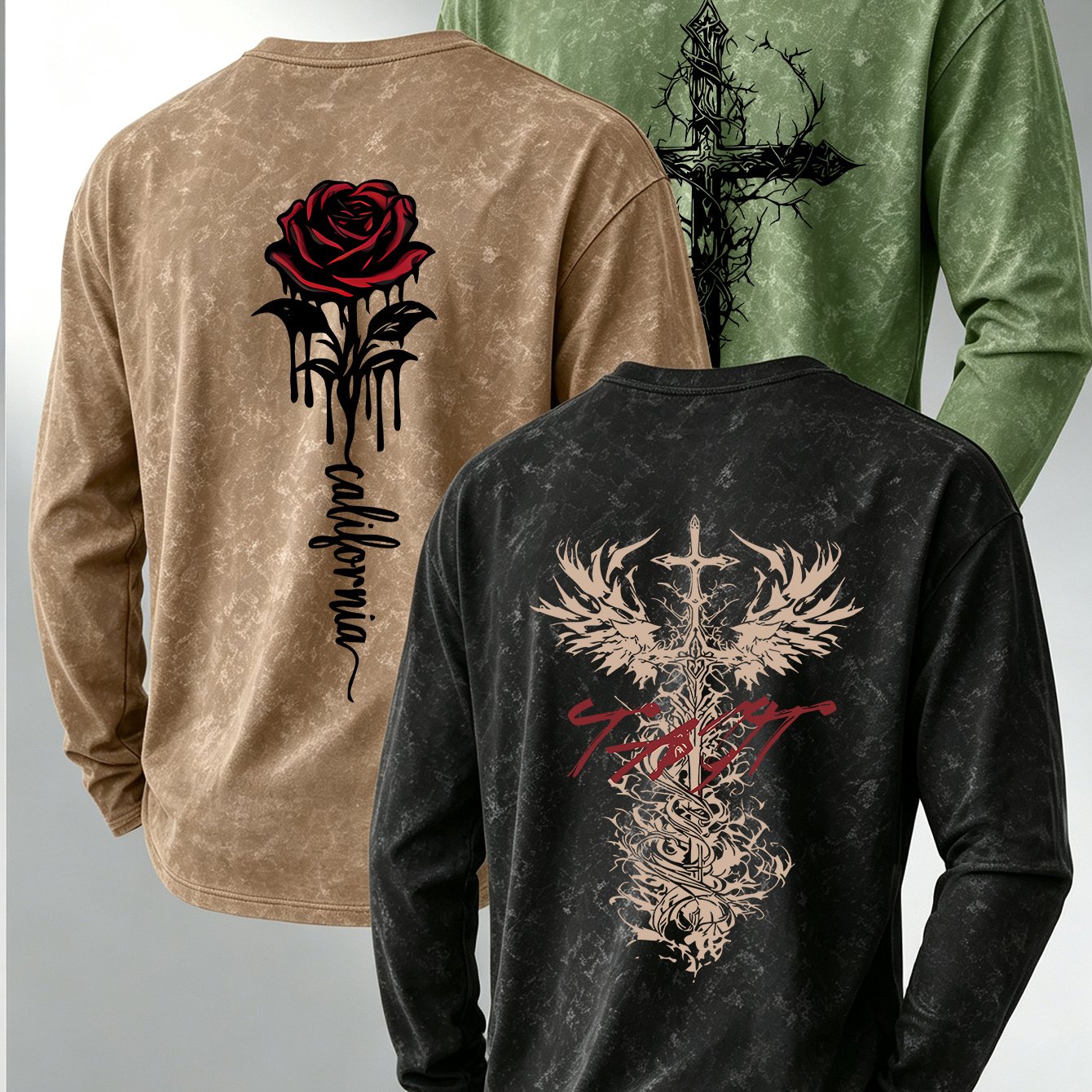 TEMU 3pcs Set Men's Distressed Washed Long-sleeve Base Layer Crew Neck Trendy Casual Long-sleeve T-shirt