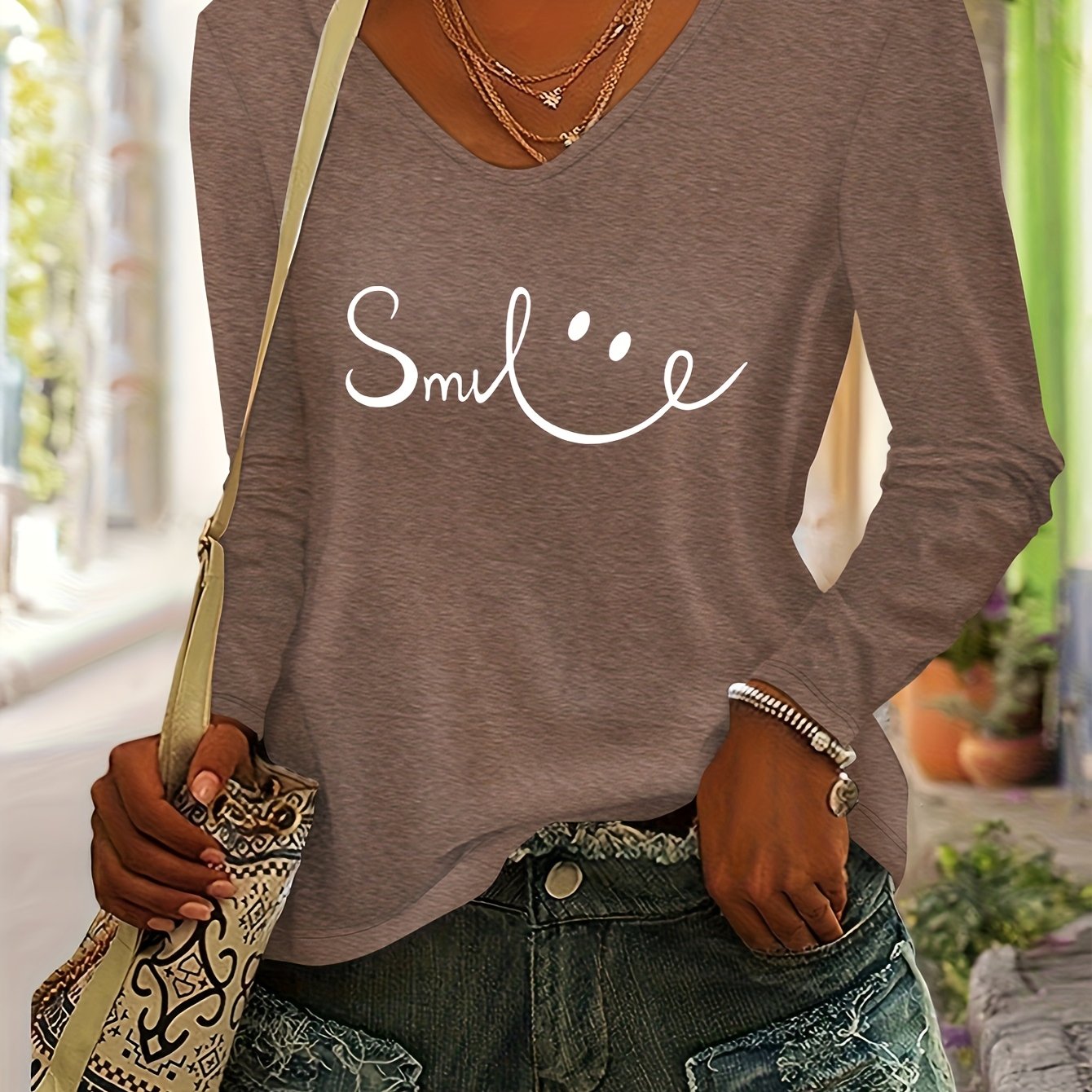 TEMU Women's Graphic V-neck Long Sleeve T-shirt - Soft Rayon Everyday Casual Tops, Non-see-through Fall/winter Blouse For Everyday & Formal Outfits,