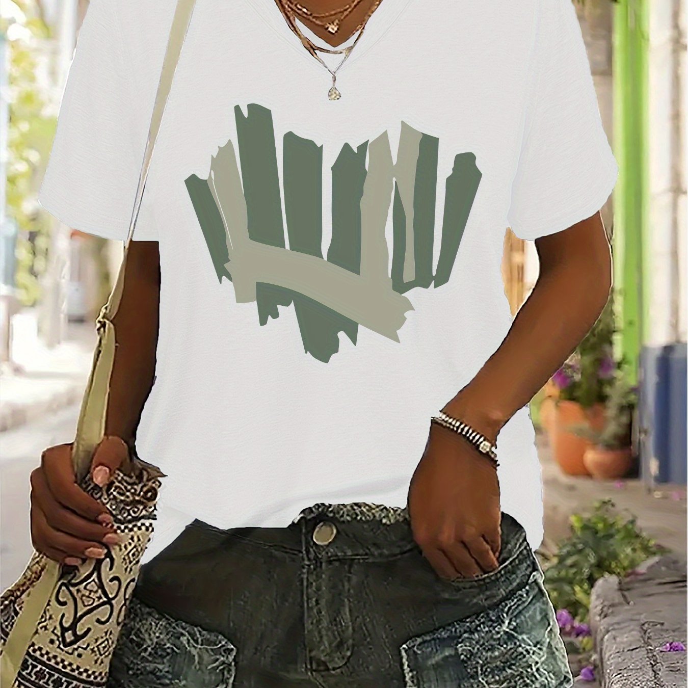 TEMU Graphic Print T-shirt, Short Sleeve V Neck Casual Top For Summer & Spring, Women's Clothing