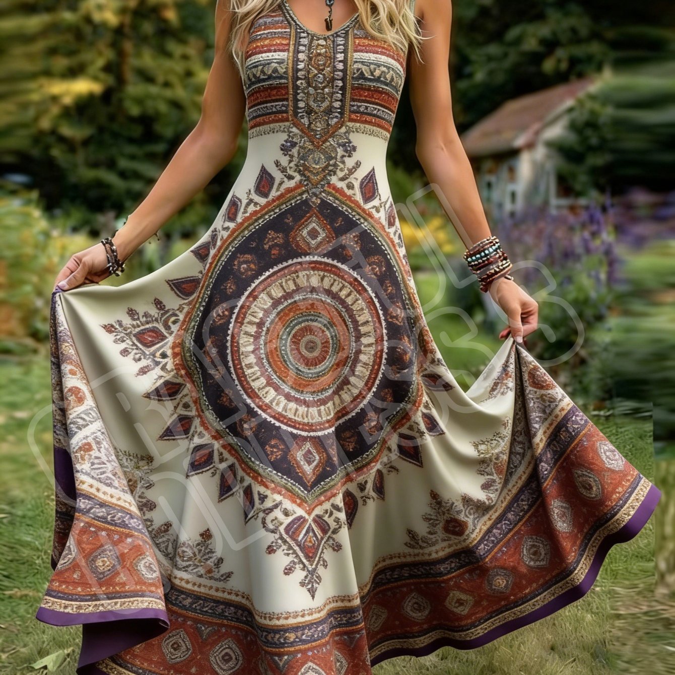 Image of Women's Retro Style Sleeveless Dress With Irregular Geometric Print Design, Pastoral V-neck A-line Maxi Skirt. Machine Washable, Perfect For Daily Wear And Vacations
