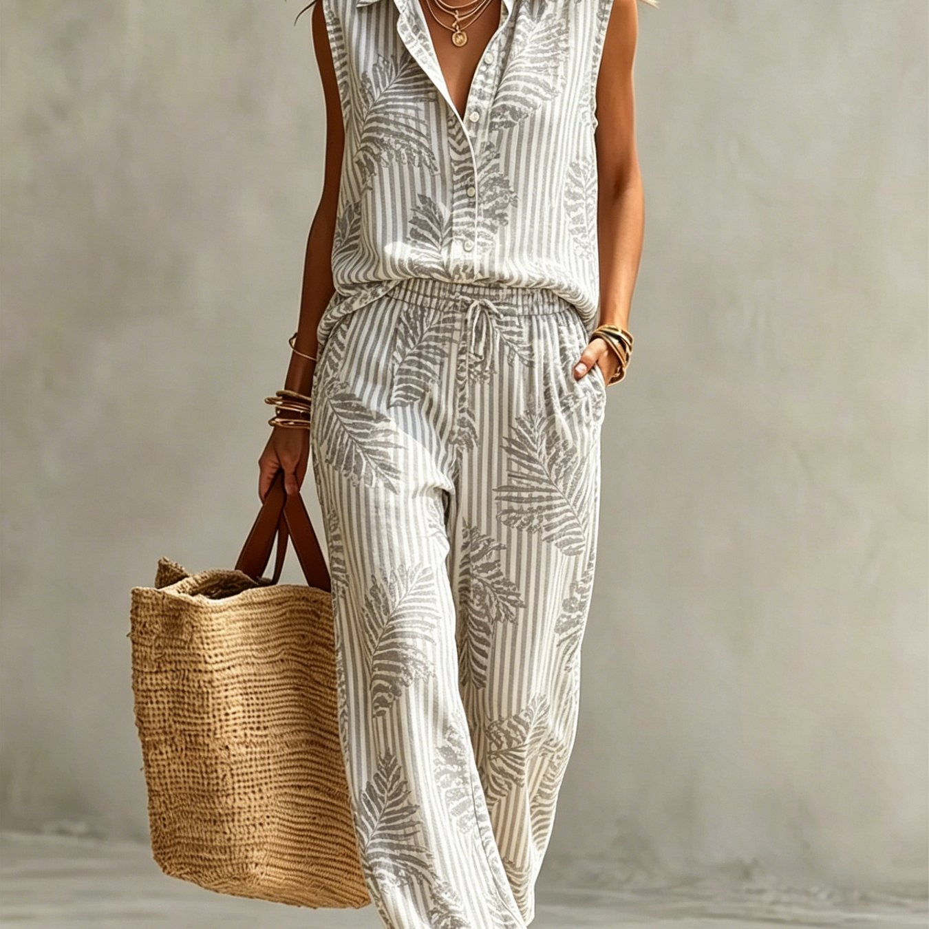 Image of 2pcs Set, European And American Women's Summer Fashion New Elegant Style Geometric Art Pattern , Women's Trendy Sleeveless Shirt With Long Pants Casual Set, , Seaside, Beach, Casual Attire