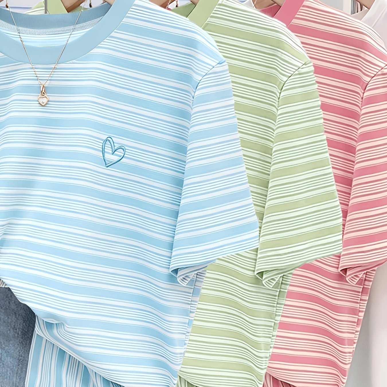 TEMU Printed Design â Not Textured, New Cross-border Fashion Casual 3pcs Set, Striped Heart Embroidery Crew Neck Short Sleeve T-shirt For Women