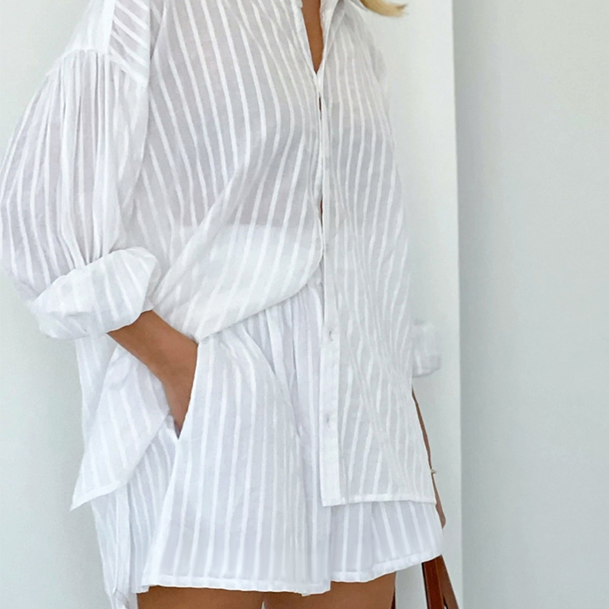 TEMU Comfortable Lapel Lantern Sleeve Shirt Set, 2pcs With Elastic Waist, Pockets, And Lining, Casual And Elegant Summer Breathable Set, High-quality