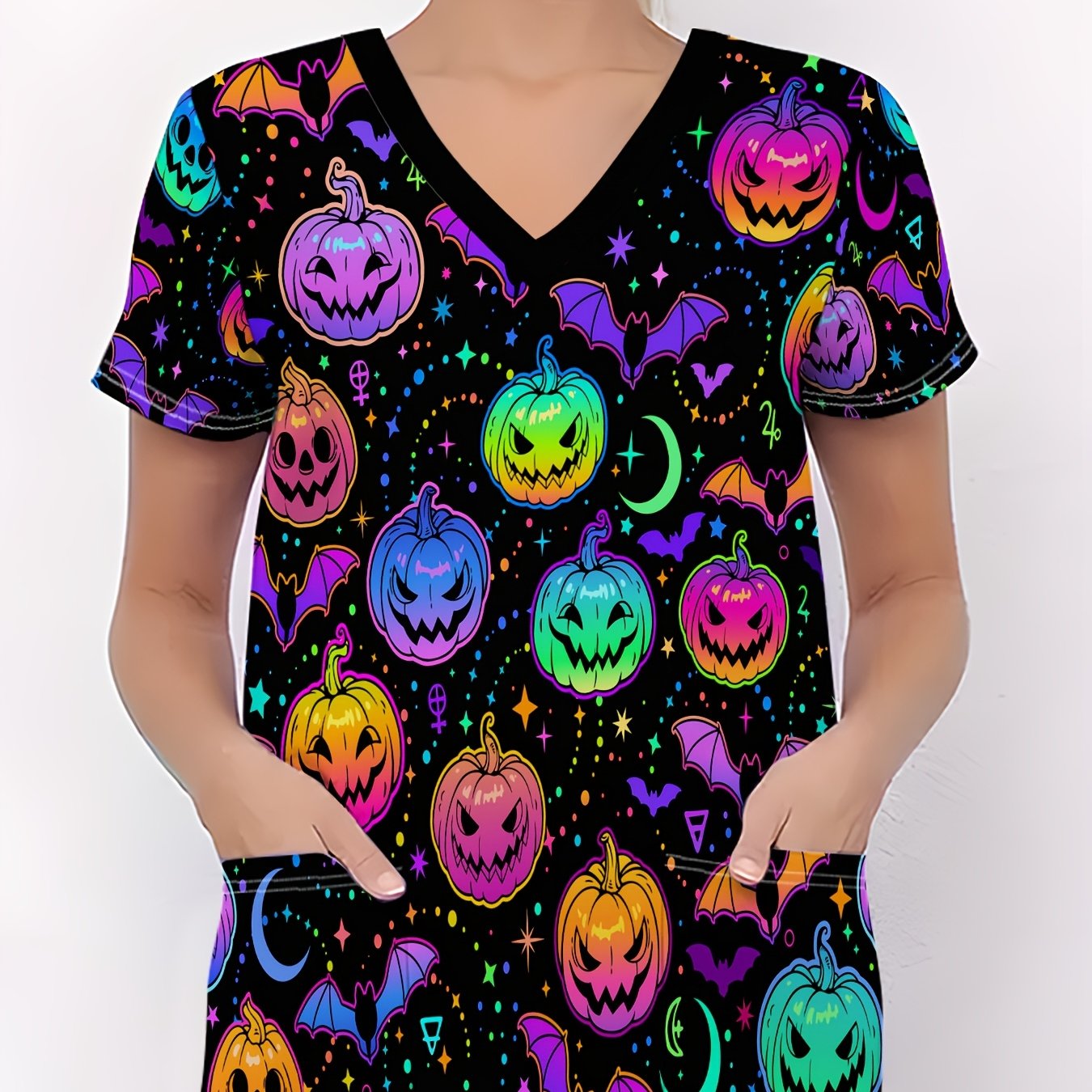 TEMU Halloween Women' Size Nurse Uniform, Colorful Pumpkin Bat Starry Sky Halloween Pattern Printed T-shirt, Soft Halloween V-neck T-shirt With