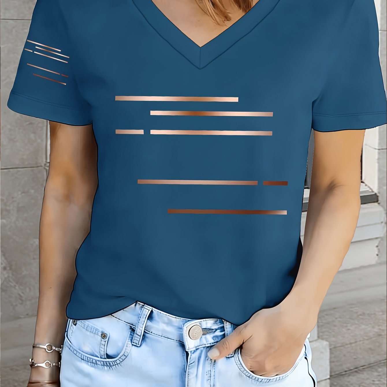 TEMU 1pc V-neck Easy Striped Design T-shirt Fashion Versatile Style Summer New Y2k Women's Casual Athletic Wear Single Sleeve Print Elegant