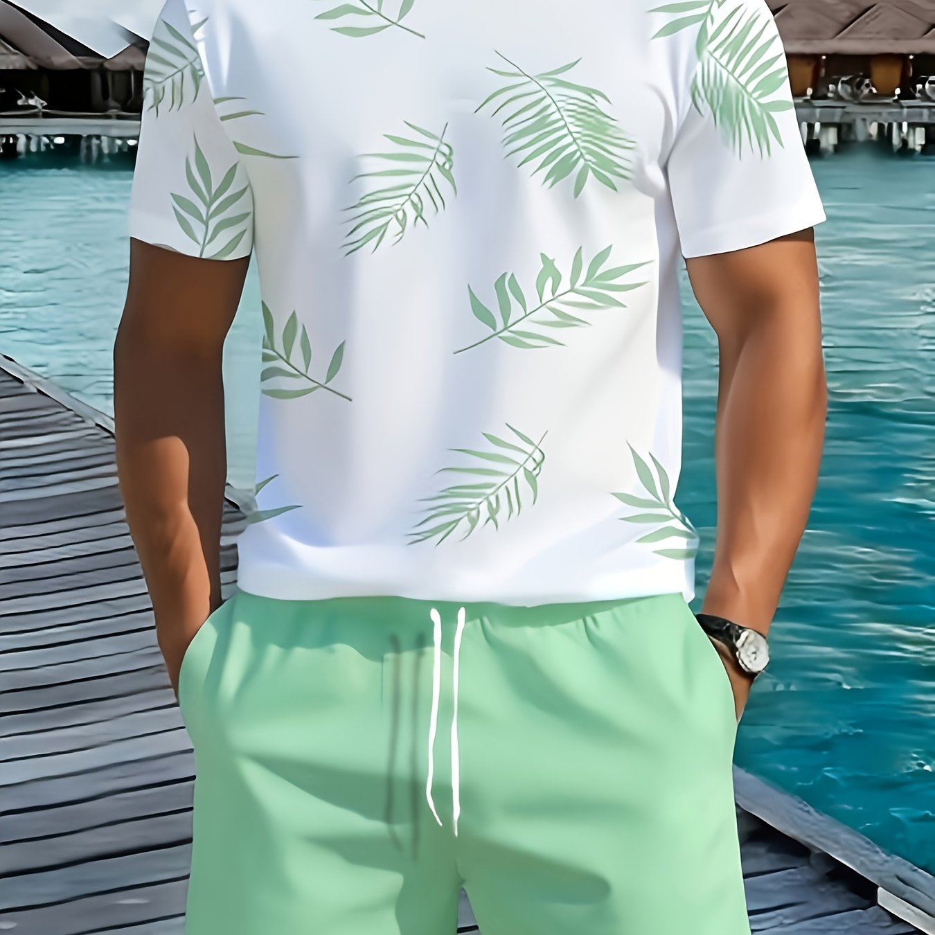 TEMU Men's Wear, Comfortable T-shirt And Shorts Set, 1pc Top And 1pc Bottom, Casual Leaf Print, Shorts With Drawstring, Plus Size