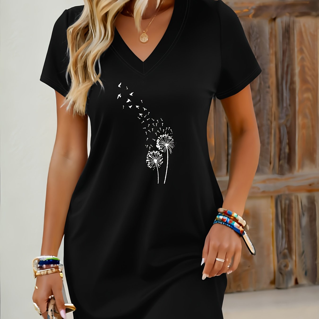 TEMU Printed V-neck Mid-length T-shirt Dress Women's Summer Easy Versatile Casual Skirt Short Sleeve Ladies Long Top