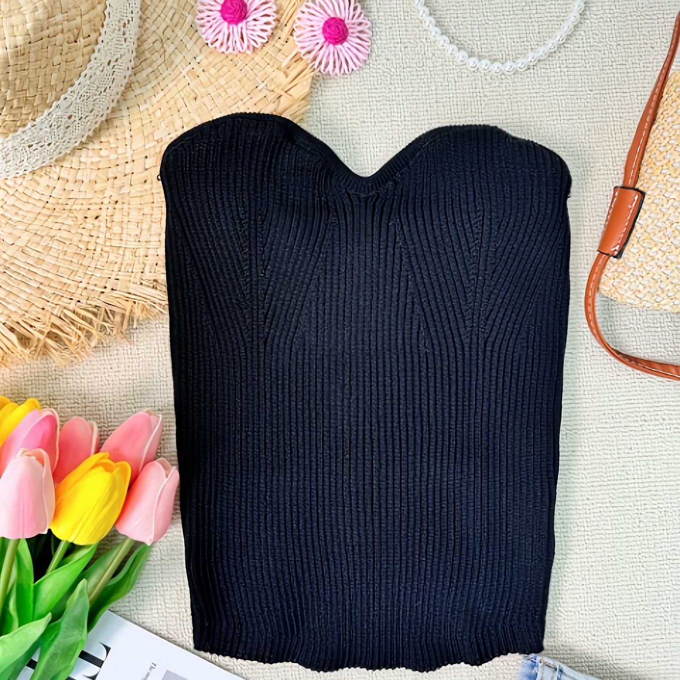 Sleek Black Knit Tube Top - Sexy Off-Shoulder Design, Ribbed Texture, Solid Color, Perfect for Spring/Summer/Fall, Casual Chic Style, Machine Washable