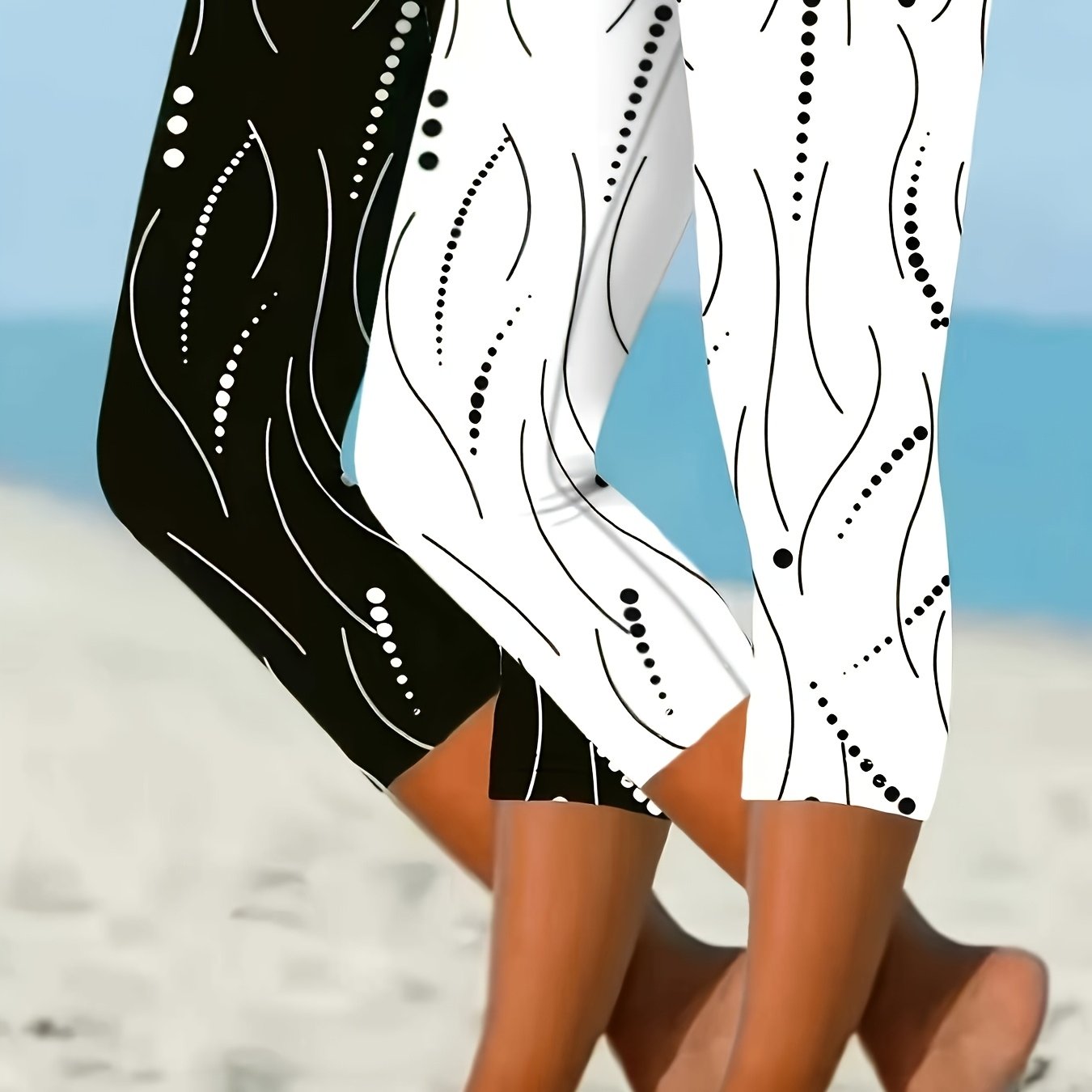 E-shop Damen Leggings 2er Set - Capri Länge Frühling/Sommer Neue Gestreifte Strand Freizeit Vielseitige Basisleggings, Geeignet für Frühling und Sommer
