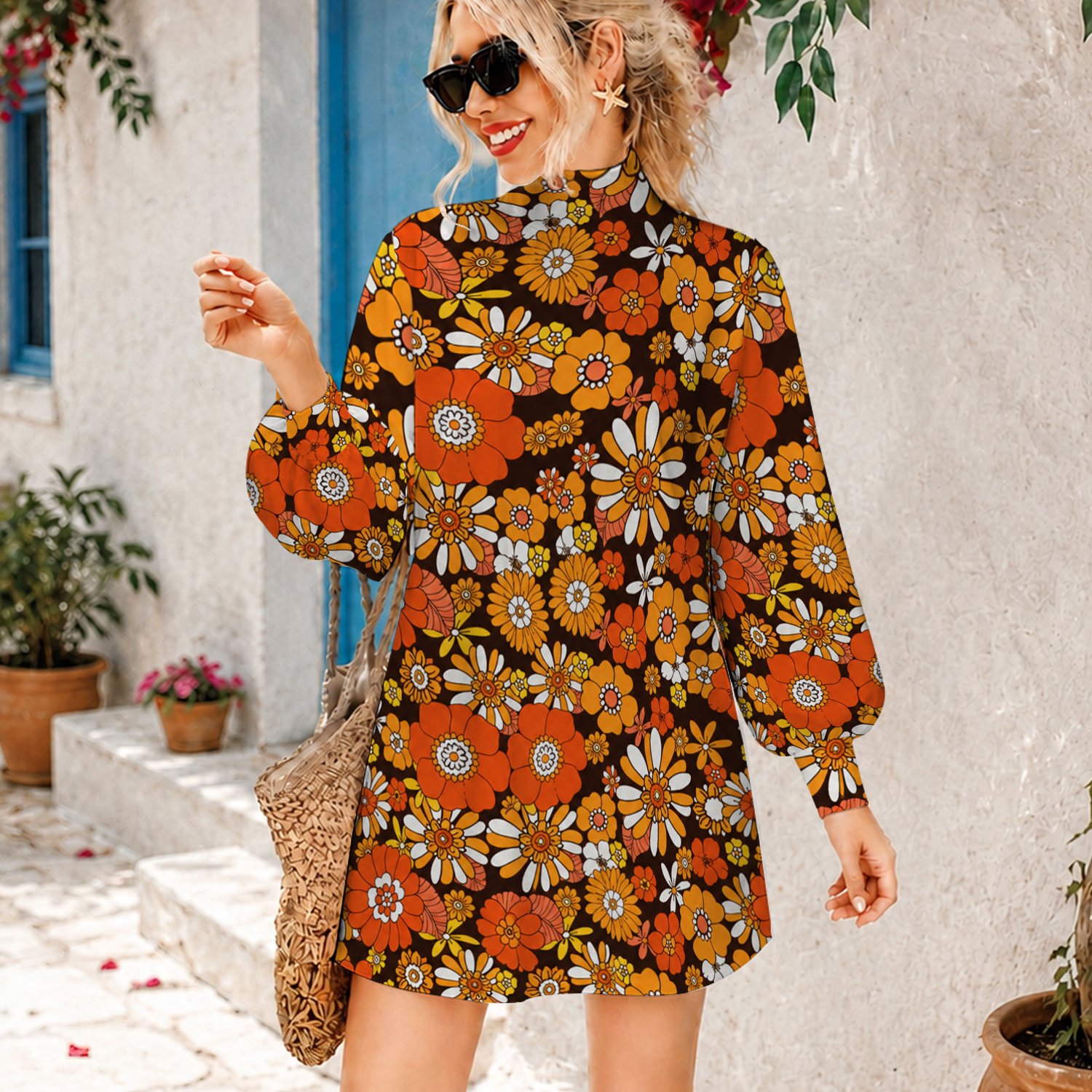 Image of Women's Retro 70s Floral Print Long Sleeve Mini Dress, High Neck Boho Shift Dress With Daisy Pattern, Casual Summer Beach Vacation Outfit