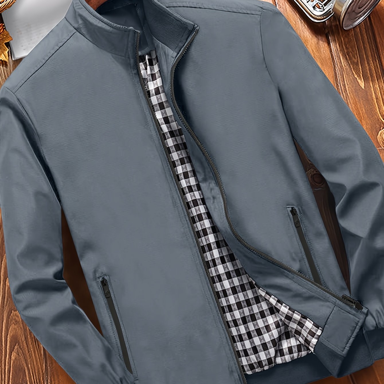 TEMU 2025 And White Checkered Lining Collar Jacket, Zipper Closure Open Front Solid Color Trench Coat, Suitable For Spring And Autumn Outdoor Hiking