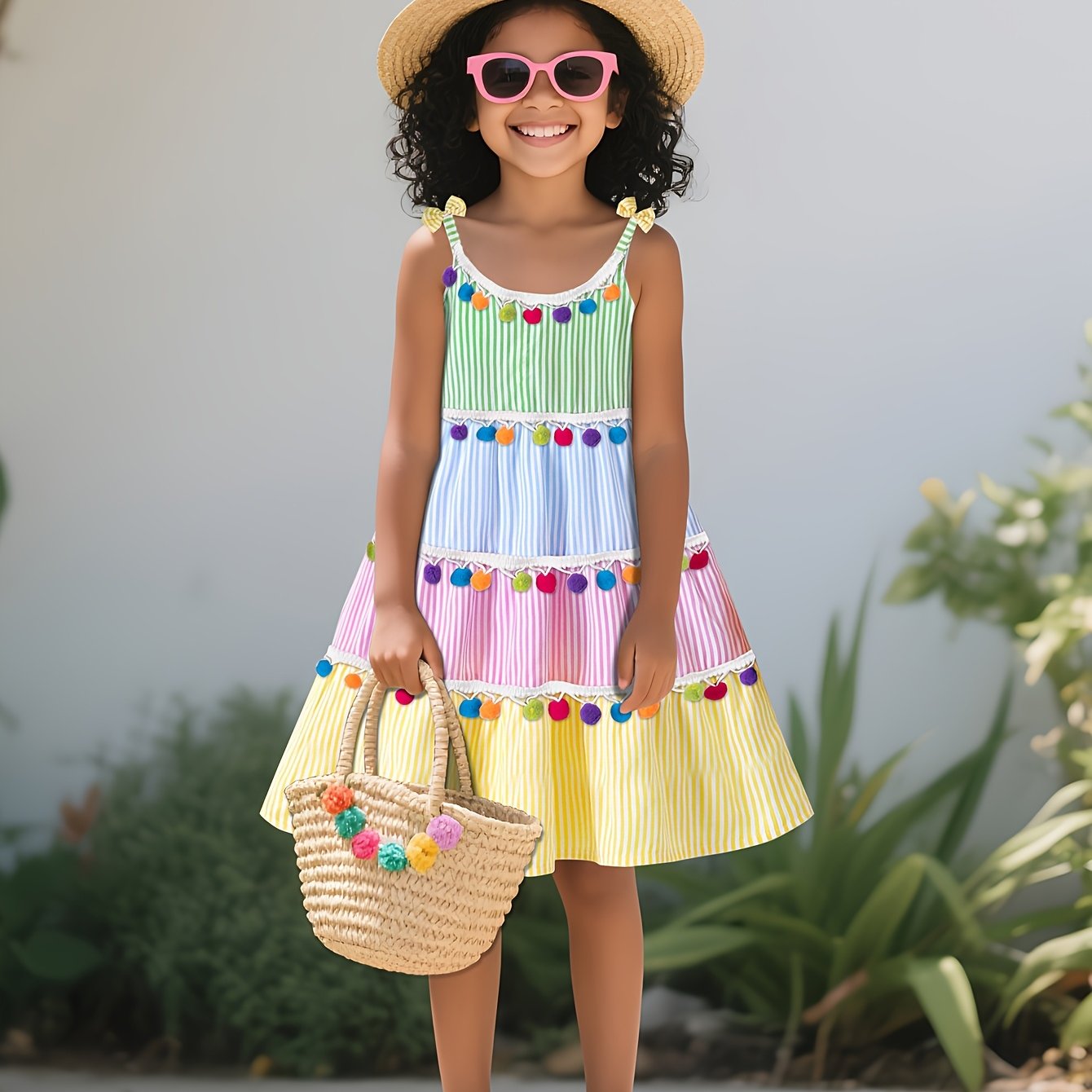 Girls' Summer Sleeveless Halter Dress, Kids' Fashion Summer Mid-length Skirt
