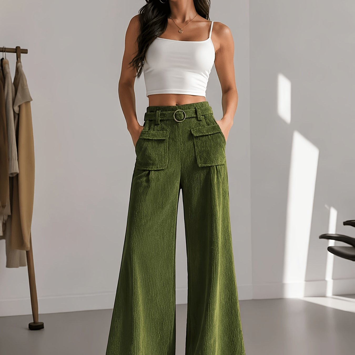 TEMU Women's Olive Green Wide Leg Pants High Waist Solid Color Beltless Pocket Pants For For Casual Or Formal Settings Olive Green (machine Washable)