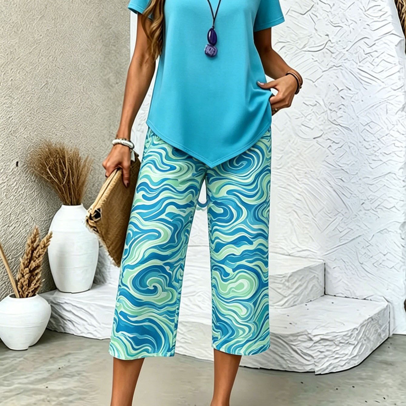 Plus Size, Plus Size Women's 2pcs Outfit, Solid Top & Teal Swirl Marble Print Capri Pants, Vibrant Casual Summer 2pcs Set
