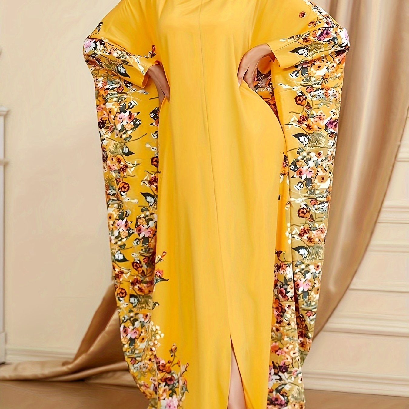 Floral Print Crew Neck Kaftan Abaya, Elegant Batwing Sleeve Split Maxi Dress, Women's Clothing