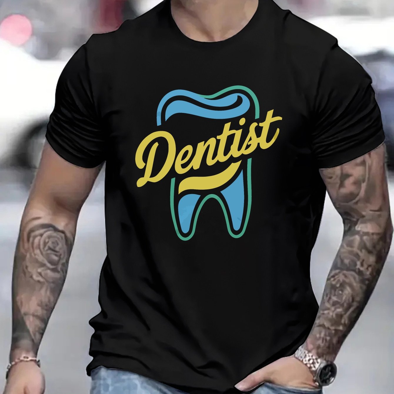 TEMU Dentist Print, Men's Round Crew Neck Short Sleeve, Simple Style Tee Fashion Regular Fit T-shirt, Casual Comfy Breathable Top For Spring Summer Holiday Leisure Vacation Men's Clothing As Gift