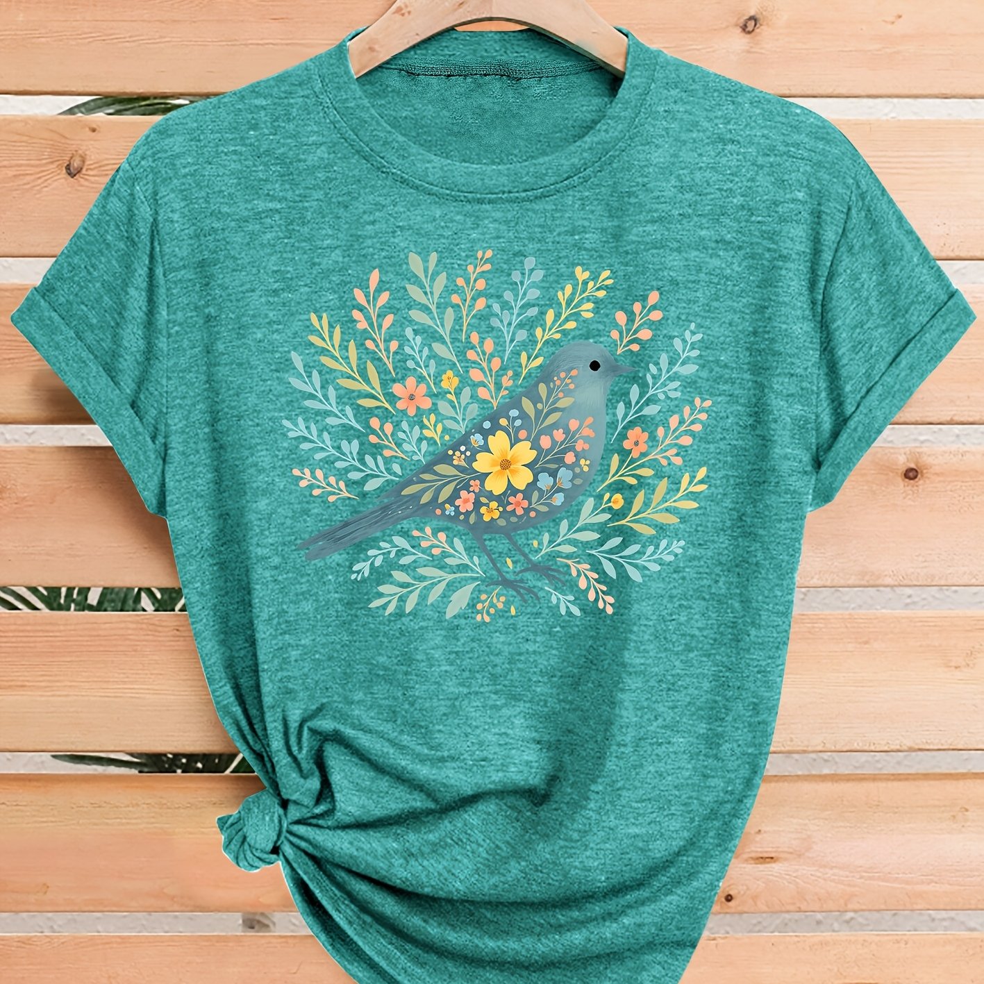 TEMU Fashionable And Elegant Women's Casual Sporty Top With A Small Bird Surrounded By Flowers And Plants Print, Soft And Comfortable, Featuring A