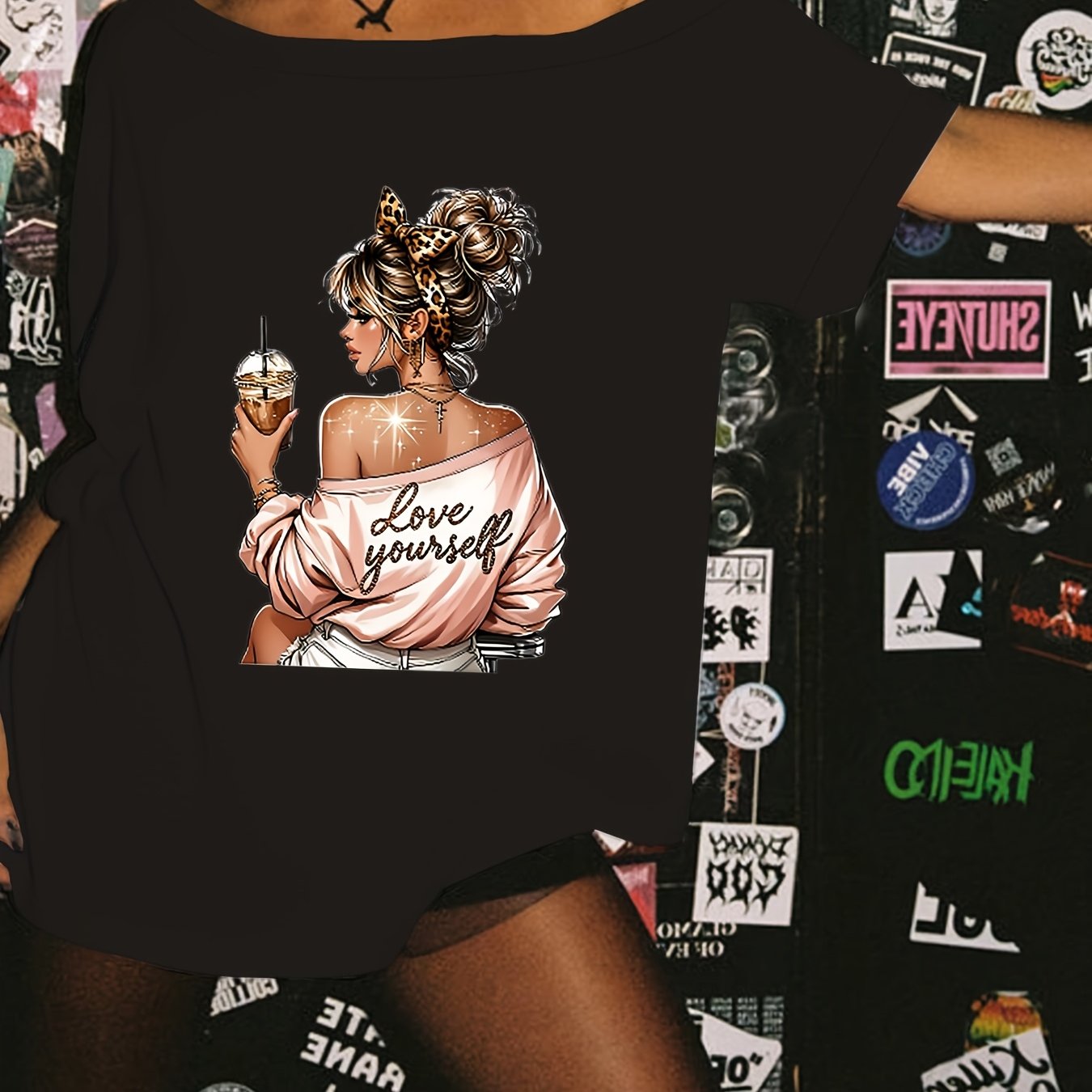 TEMU Spicy Style Off-the-shoulder T-shirt, Creative Fashion Print Versatile Short-sleeved Top, Spring And Summer Women's Fashion Casual Versatile