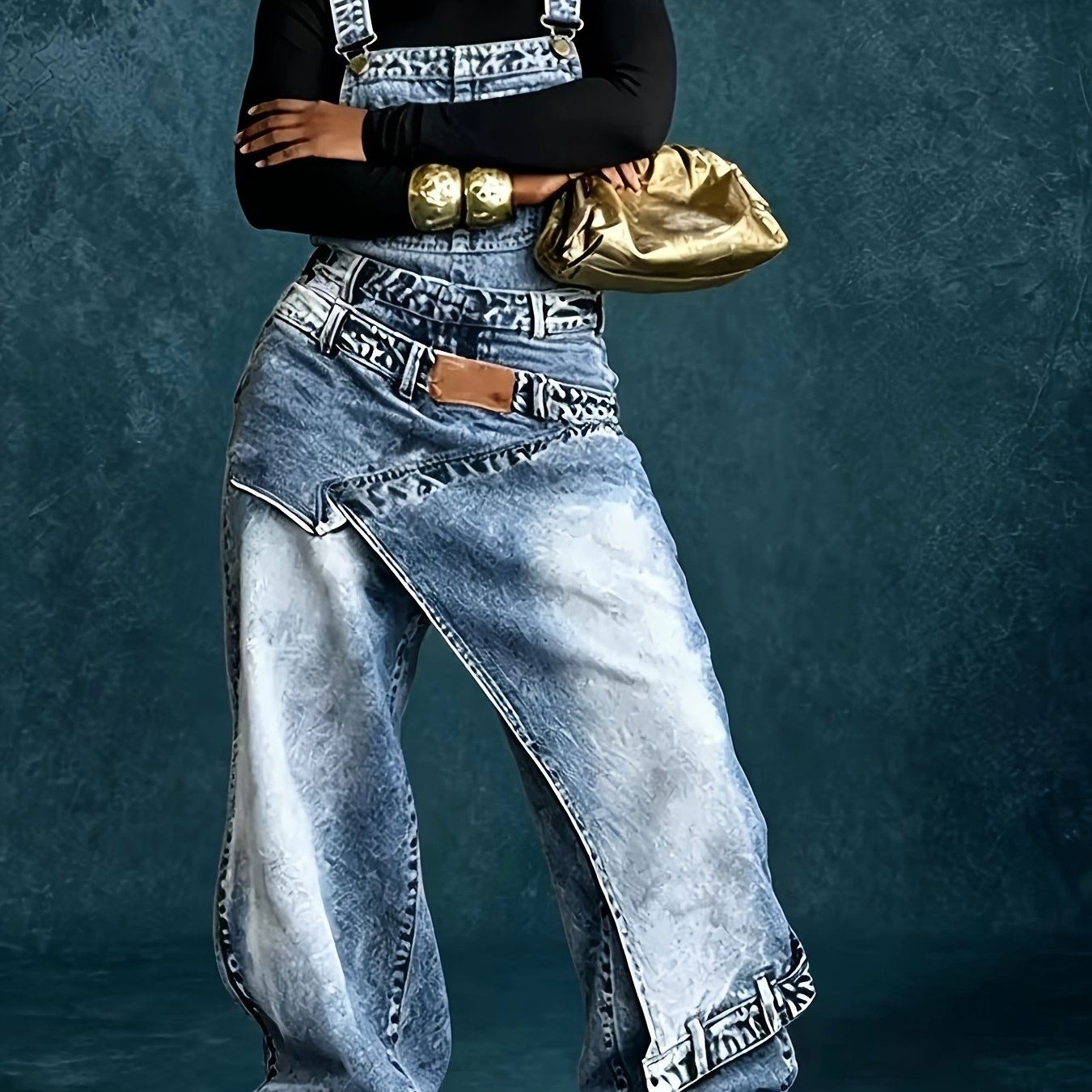 2026 Women's Overalls Denim Jumpsuit, Vintage Washed Irregular Wrap Skirt Layer Design, High Waist Baggy Jogger Denim Pants, Y2k Hip Hop Streetwear, Elegant Casual Urban Fashion Outfit, Style