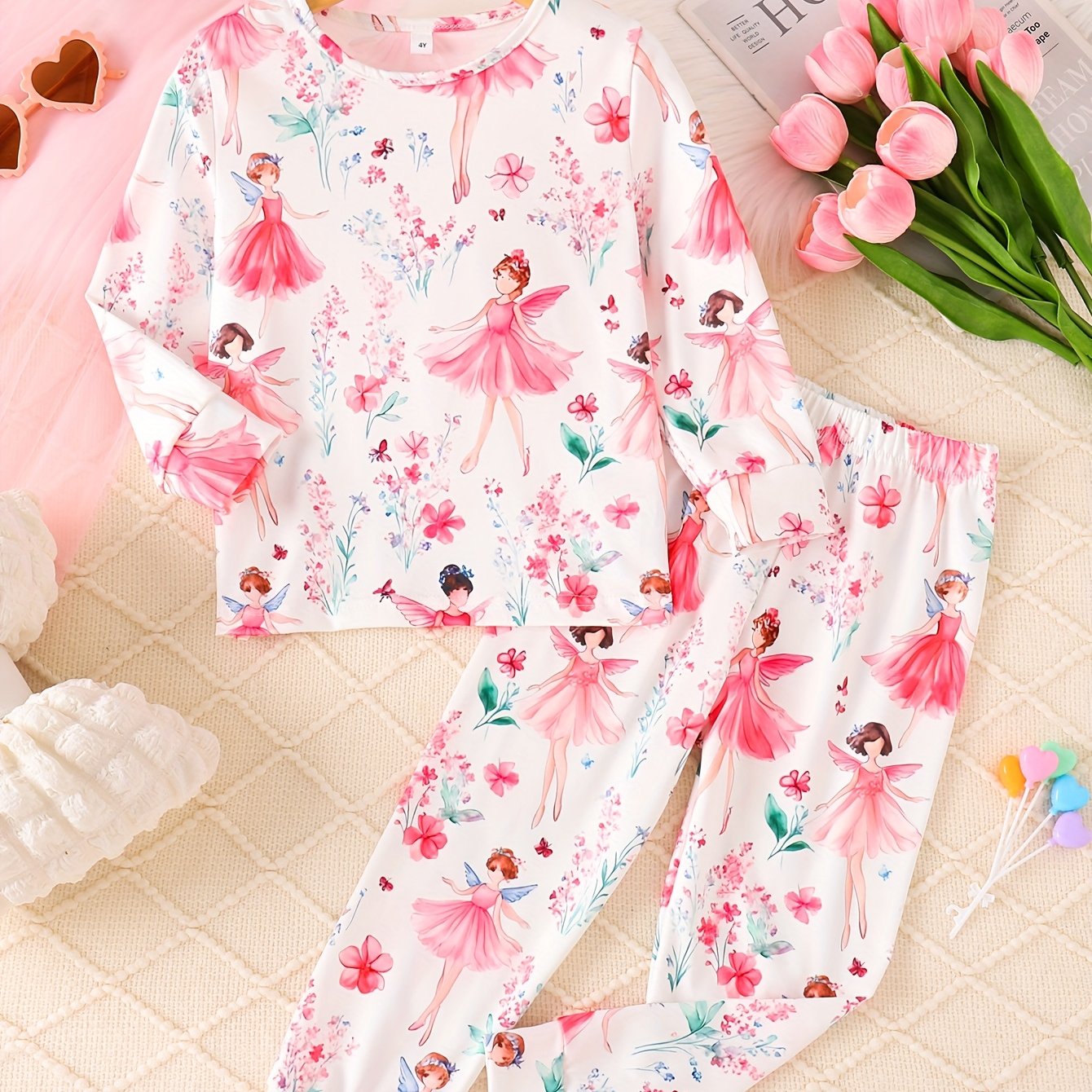 Image of Girls' 2pcs Spring Summer Autumn Pajama Casual Fashion Comfortable Round Neck Floral Random Print Long Sleeve Long Pants Girls' Pajama Set