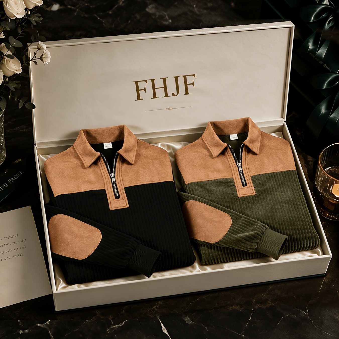 TEMU Men's Corduroy Half-zip Revere Sweatshirt 2pcs Set, Workwear Style, Contrast Color Neck Panel Elbow Design, Autumn Winter Middle-aged Men's