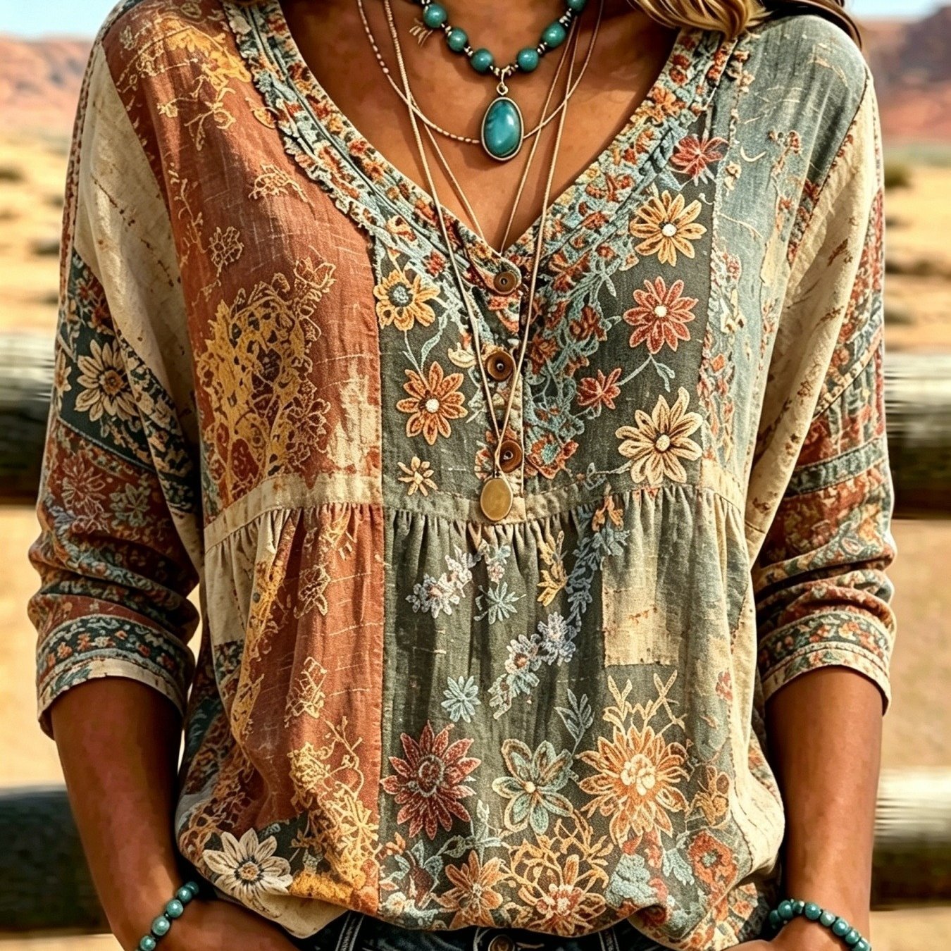 Image of Women's V-neck Shirt, New Style Printed Women's V-neck Button-up Shirt, Vintage Striped Color-block Floral Three-quarter Sleeve Shirt