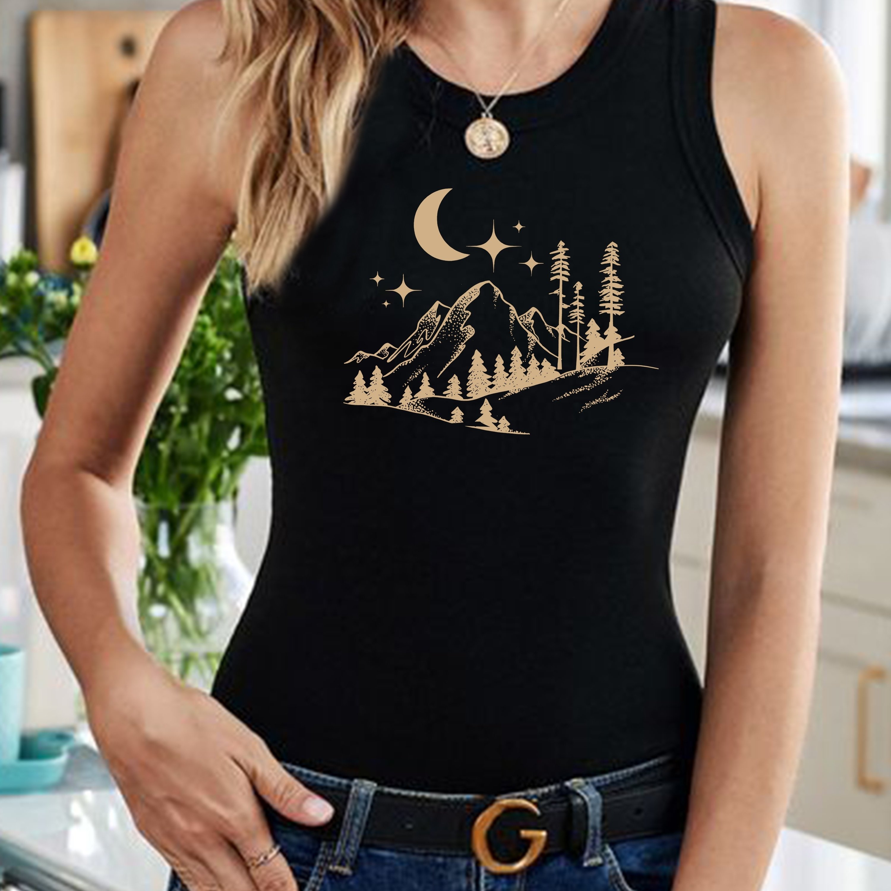 TEMU Women' Sleeveless Top , Mountains, And Print - Crew Neck, Polyester And Elastane Blend, Fitness & Casual Wear, Backless, Fashion