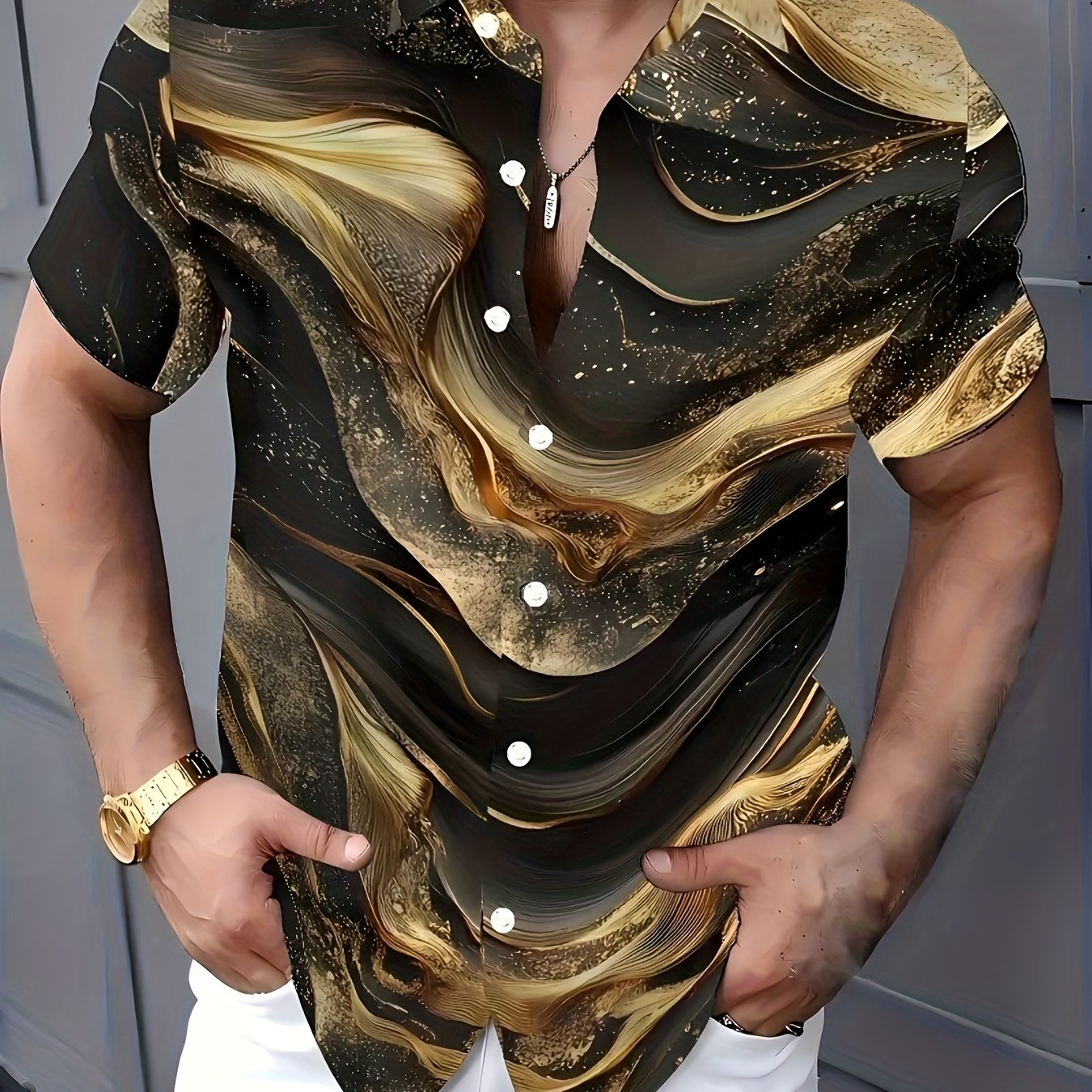 TEMU Men's Casual Short-sleeve Shirt With Vibrant 3d Print Design - Golden & Black Marble Pattern, Lightweight Fabric, Summer, Casual Attire|modern