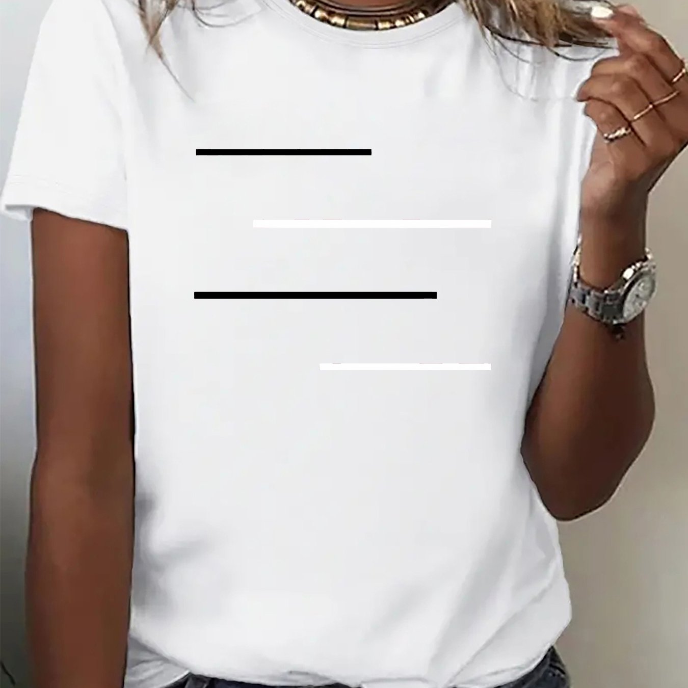 TEMU Spring And Summer Comfortable Women's Casual T-shirt - And White Line Geometric Pattern Casual Comfortable Short-sleeved Women's Summer Clothing