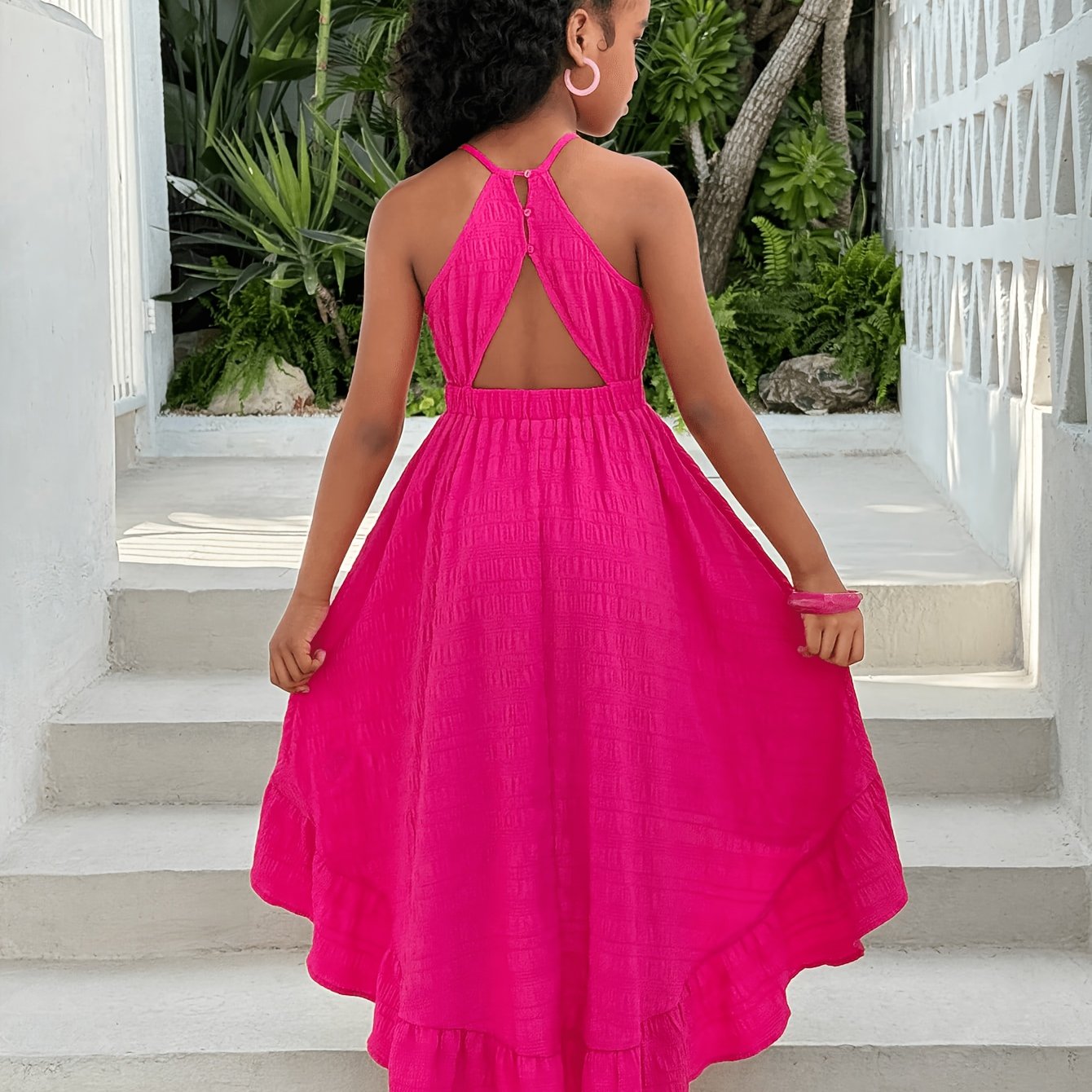 Image of Teen Girl's Vacation Spaghetti Strap Backless Ruffle Waist-cinching Dress, Children's Elegant Dress Suitable For Travel