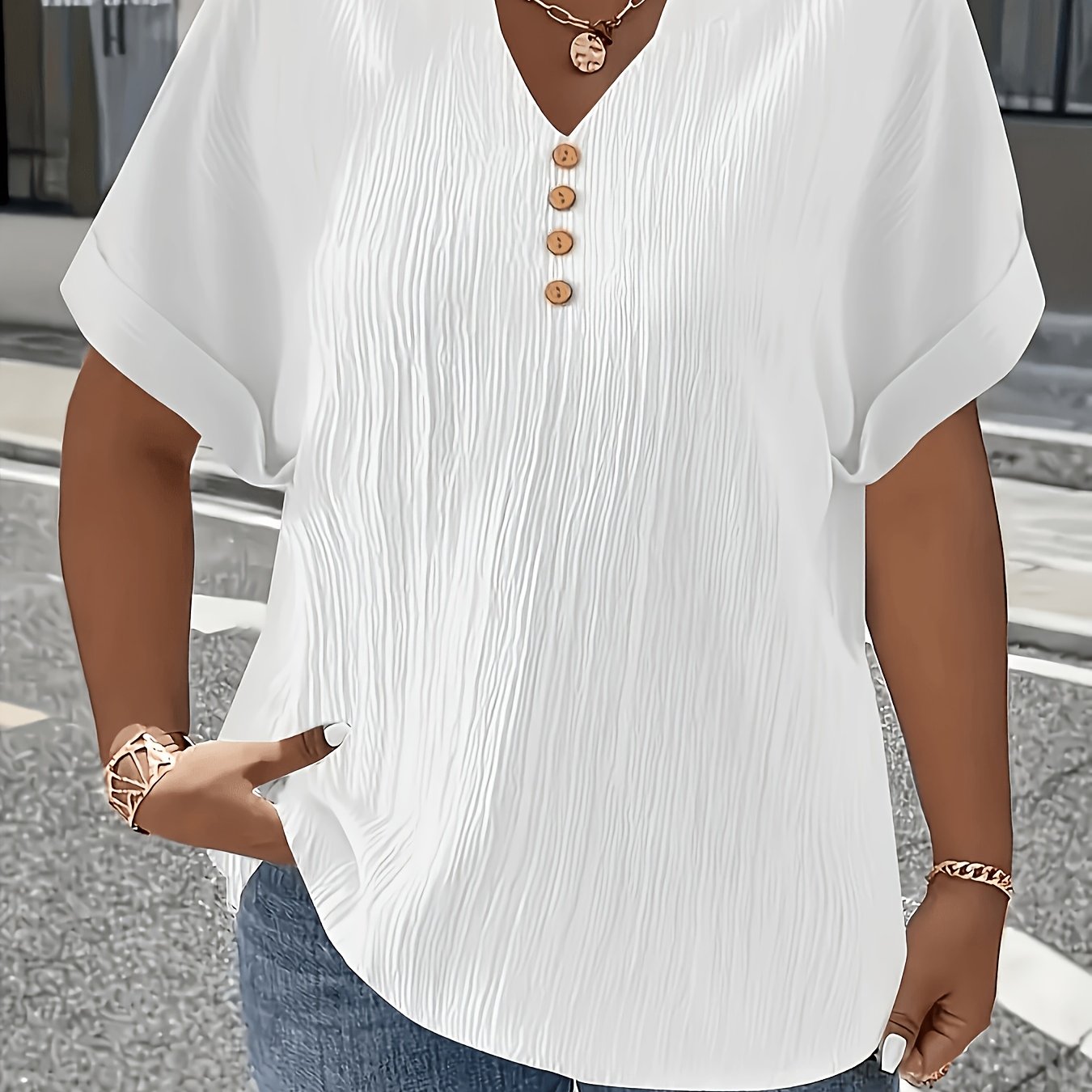 TEMU Plus Size, Women's Plus Size New European And Solid Color Spring Summer Autumn Button-up Comfortable Textured Fabric Casual Fashionable And