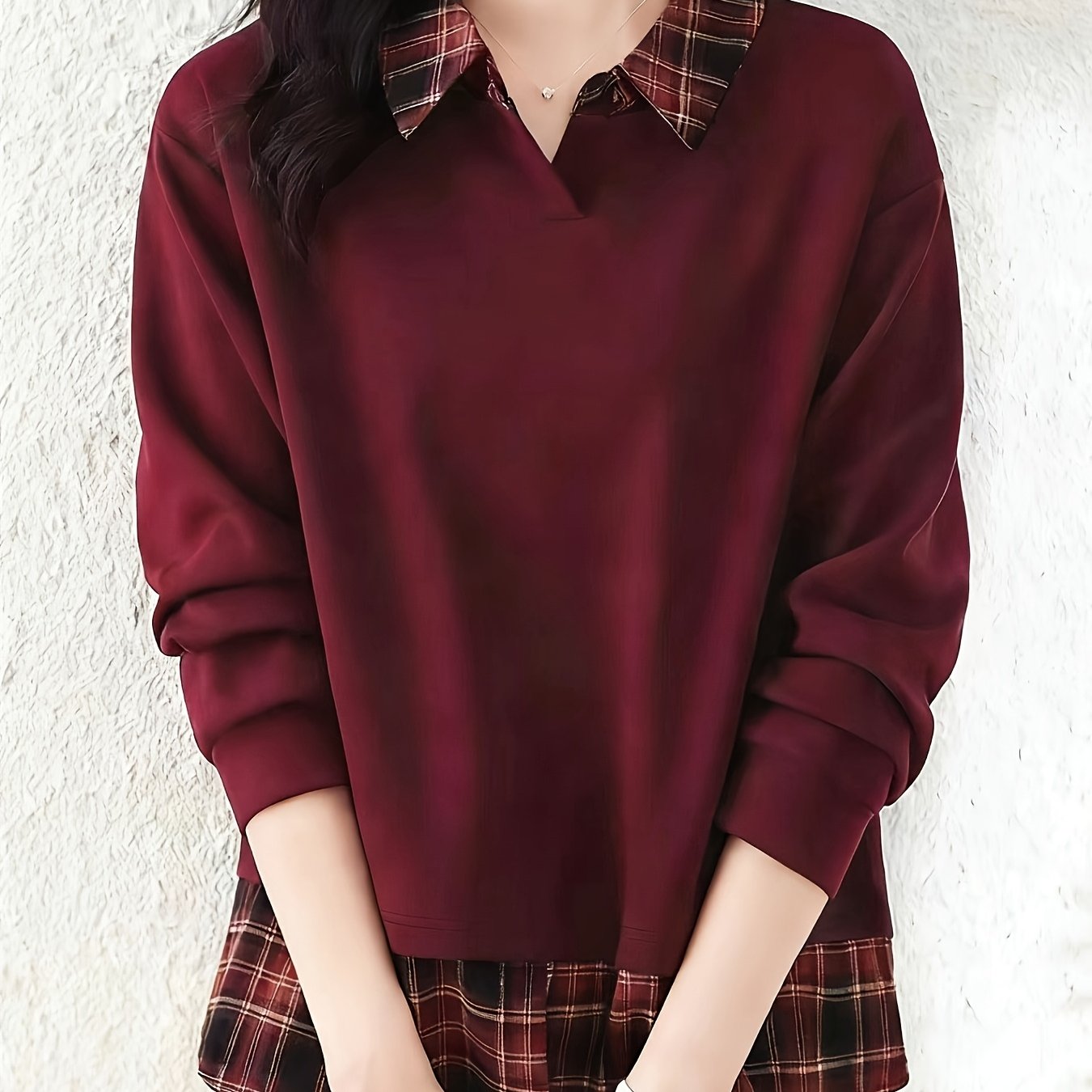 TEMU Sweatshirt 2-en-1 à carreaux pour femme, style décontracté et , à empiècements, pour les quotidiens, printemps/automne