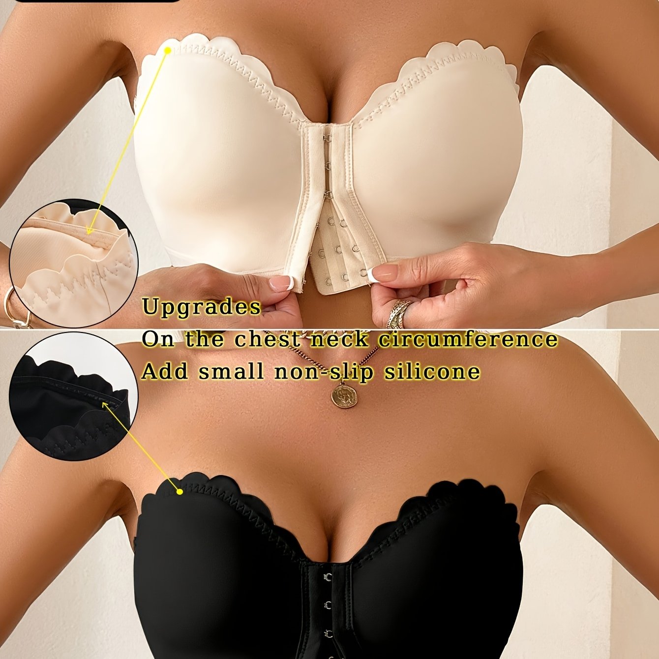 Image of 2pcs Abeloomax Women's Strapless Bra Bandeau Front-closure Push-up Wire-free Bra With Removable Pads & Anti-slip Lining Suitable For Party Wedding Daily Wear, Non-sheer Full Coverage Bra For