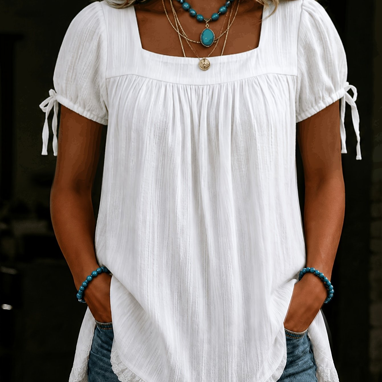 TEMU Women' Neck Blouse Top With Lace Trim - Loose Fit Breathable Shirt, -line Suitable For Casual & Semi-formal Wear, Machine Washable Summer Blouse