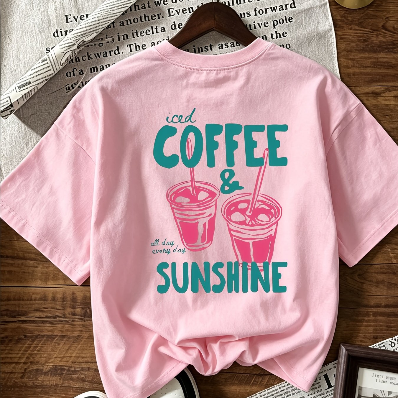Image of Women's Iced Coffee & Sunshine Graphic T-shirt - Loose Fit Short Sleeve Round Neck Casual Streetwear Top With -line Regular Fit, Suitable For - Wear, Machine Washable Everyday