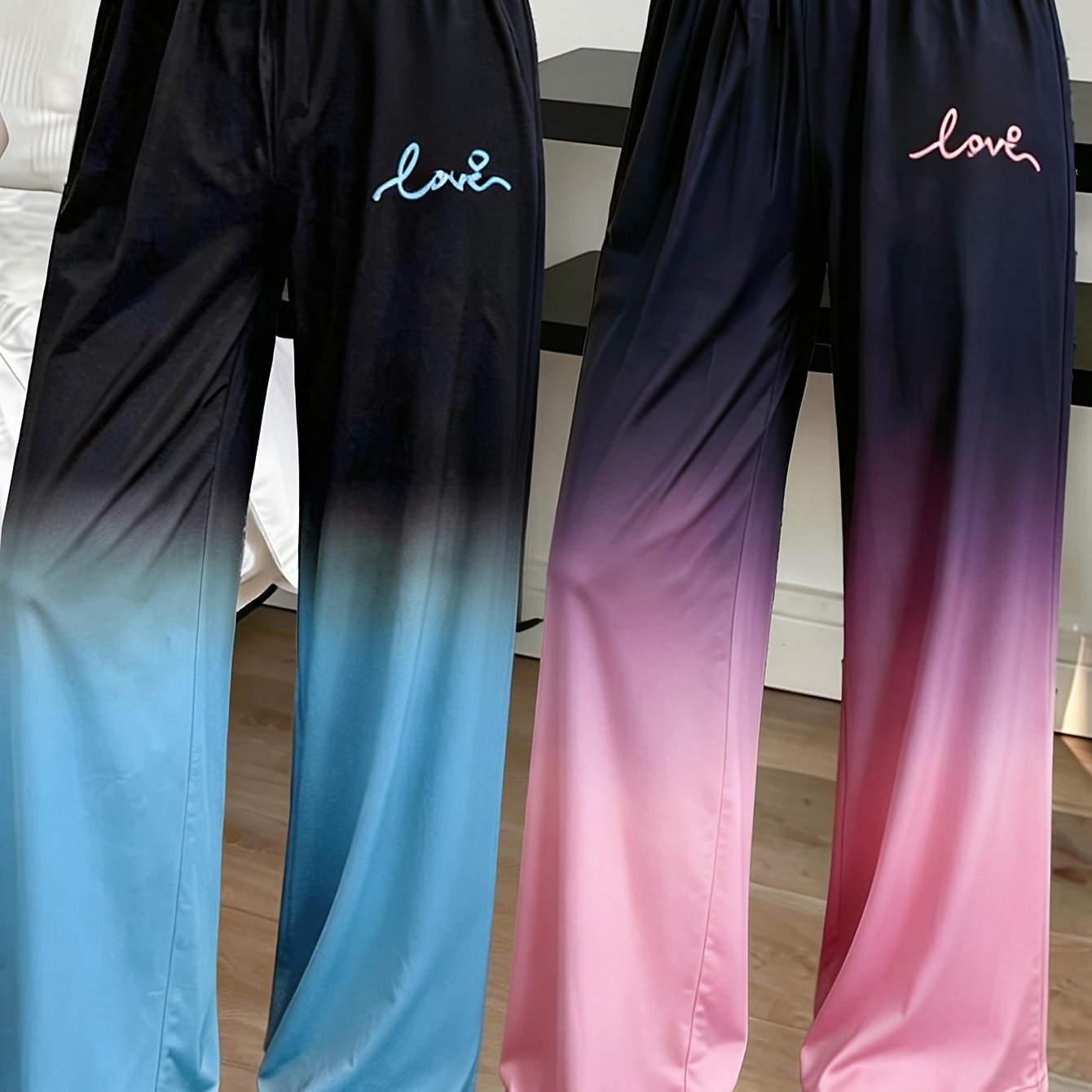 TEMU Gradient Wide-leg Long Pants Women's 2pcs Set, Trousers, Wide-leg Trousers Women's Home Pants Gradient Multi-piece Set