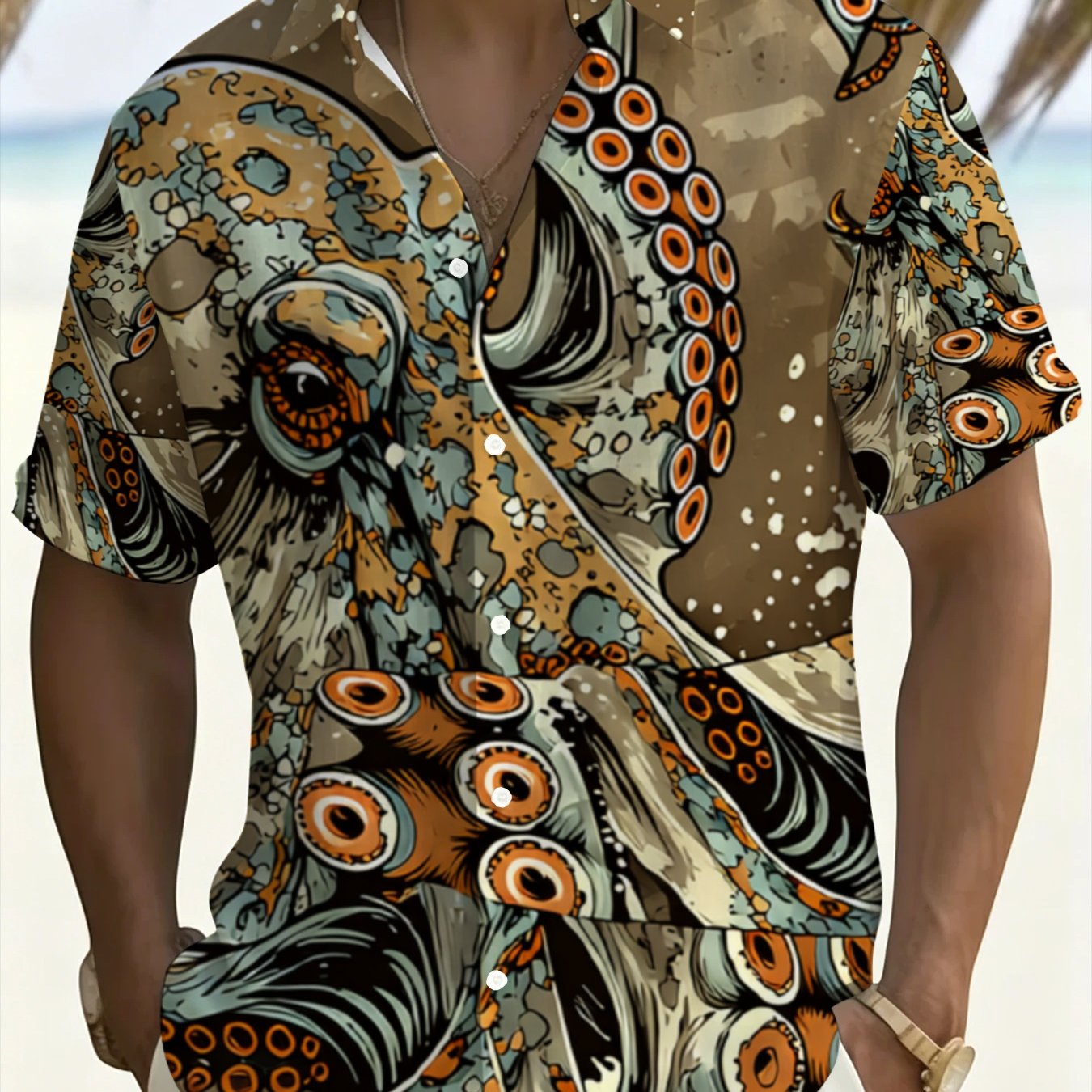 TEMU Men's Hawaiian Style Plus Size Short Sleeve Shirt, Brown Octopus Print Beach Vacation Casual Top Men's Clothing