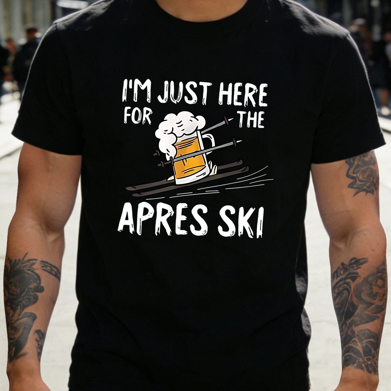 TEMU Men's Beer-themed "i'm Just Here For The Ski" T-shirt - Short Sleeve Crew Neck Casual Top With Funny Ski, Machine Washable Suitable For Outdoor