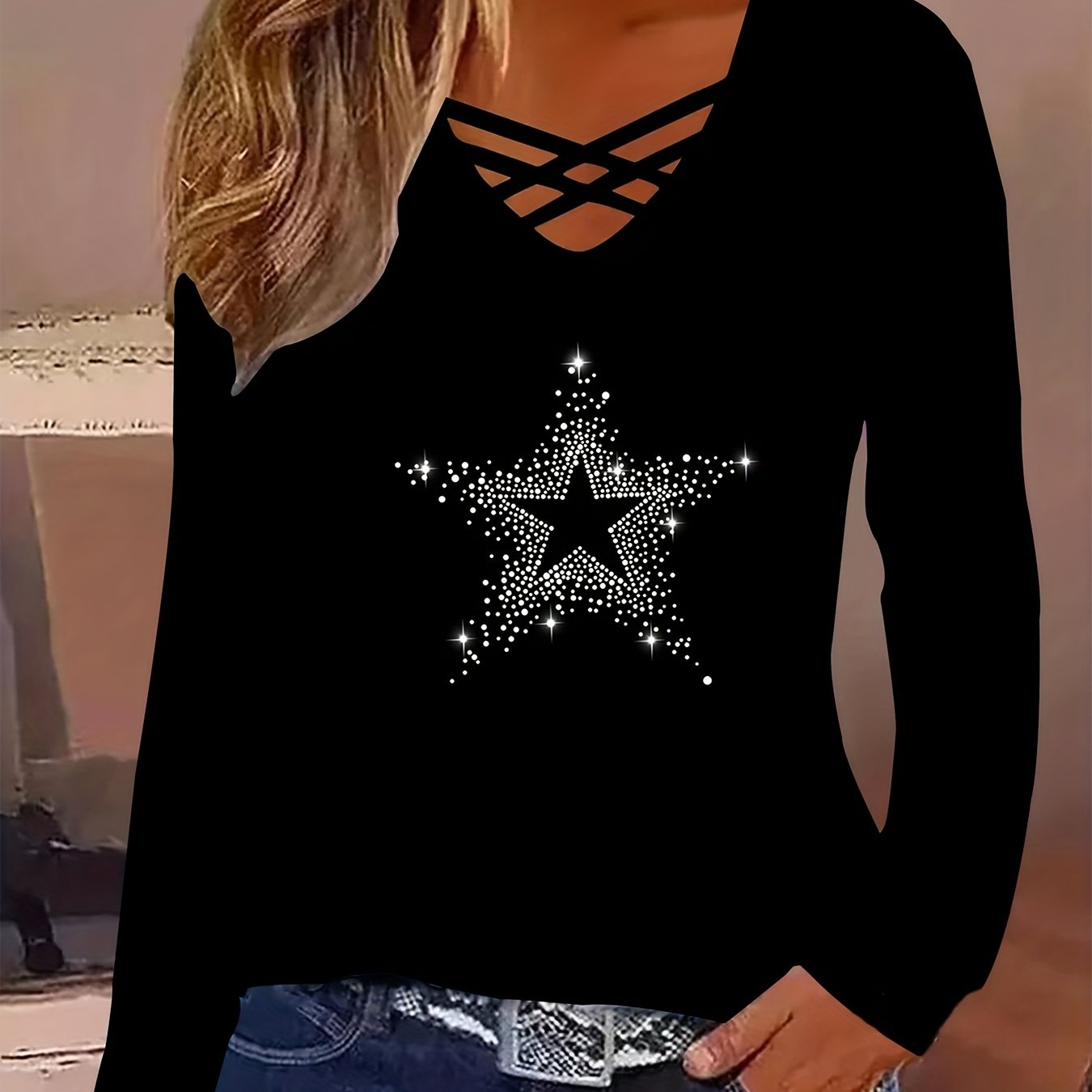 Image of Elegant Long Sleeve V-neck Crisscross Strap Women's Hot Drilling T-shirt Trendy Slim Fit Pentagram Rhinestone Women's Top