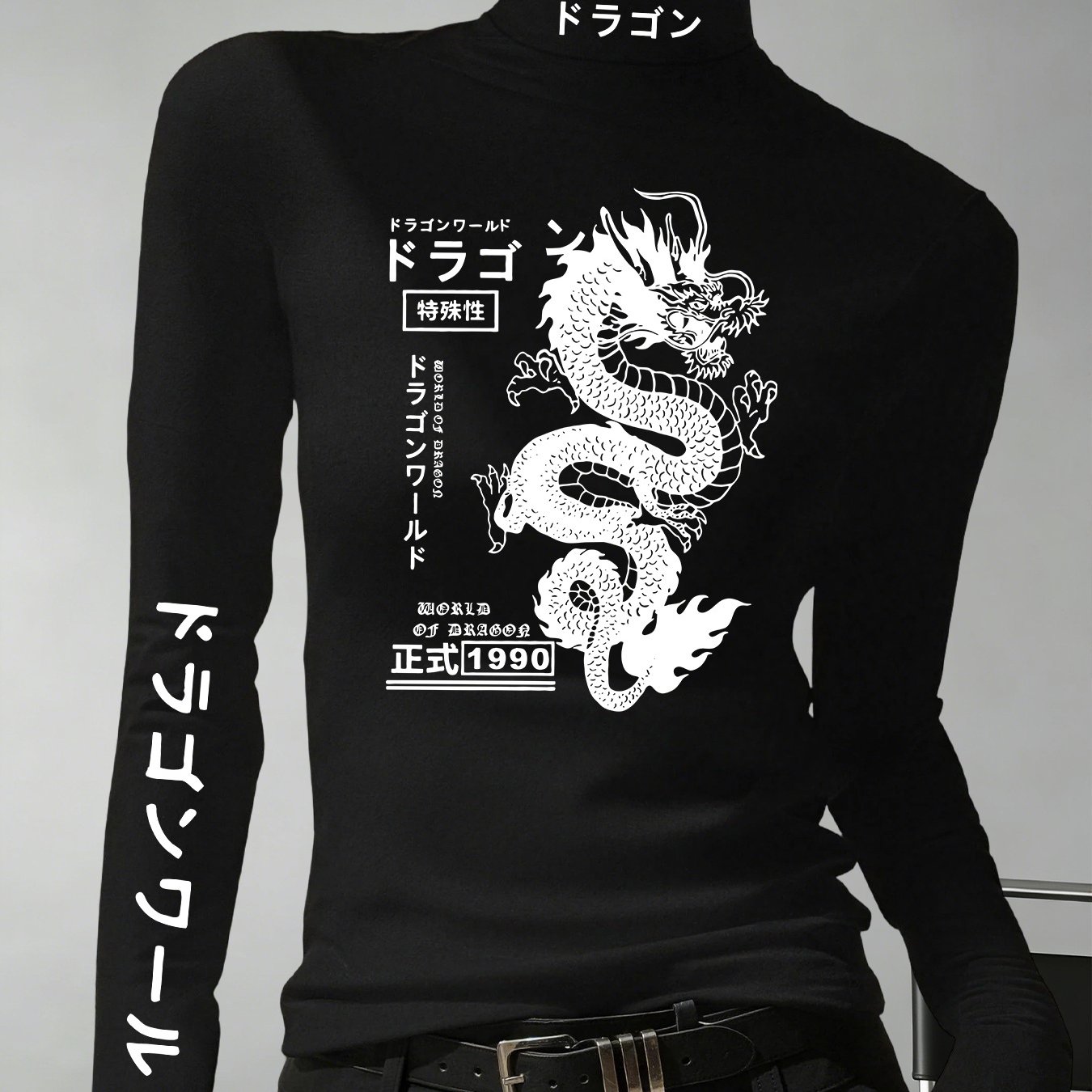 TEMU Women's Printed Long Sleeve T-shirt, Y2k Japanese Street Style - Cool Dragon Pattern Base Layer, Suitable For Autumn/winter Layering, Machine