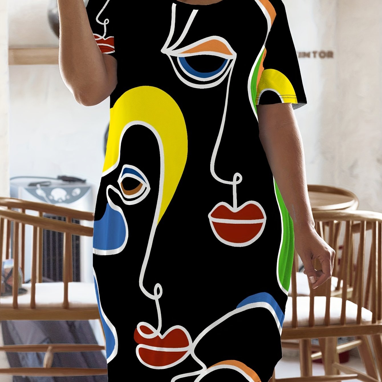 TEMU Plus Size - Plus Size - Elegant Long Waist-cinching Dress, Medium Elasticity, Round Neck, Wear, Fabric