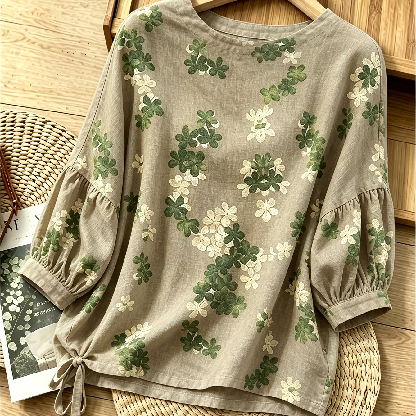 TEMU Retro Botanical Print Blouse, Round Neck Shirred Lantern Sleeve With Side Drawstring, Loose Body- Casual Short Sleeve Shirt