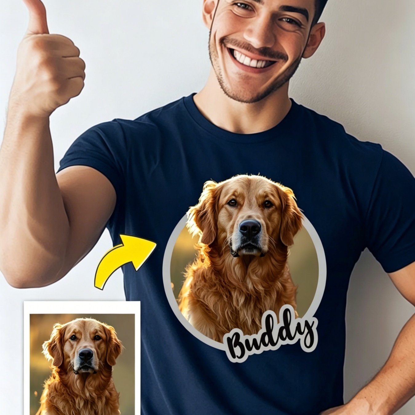 TEMU Custom Name And Pet Photo Men's T-shirt, Personalized Casual Short Sleeve Round Neck Tee With Number Print, Fun Gift For Cat Mom Dad And Dog