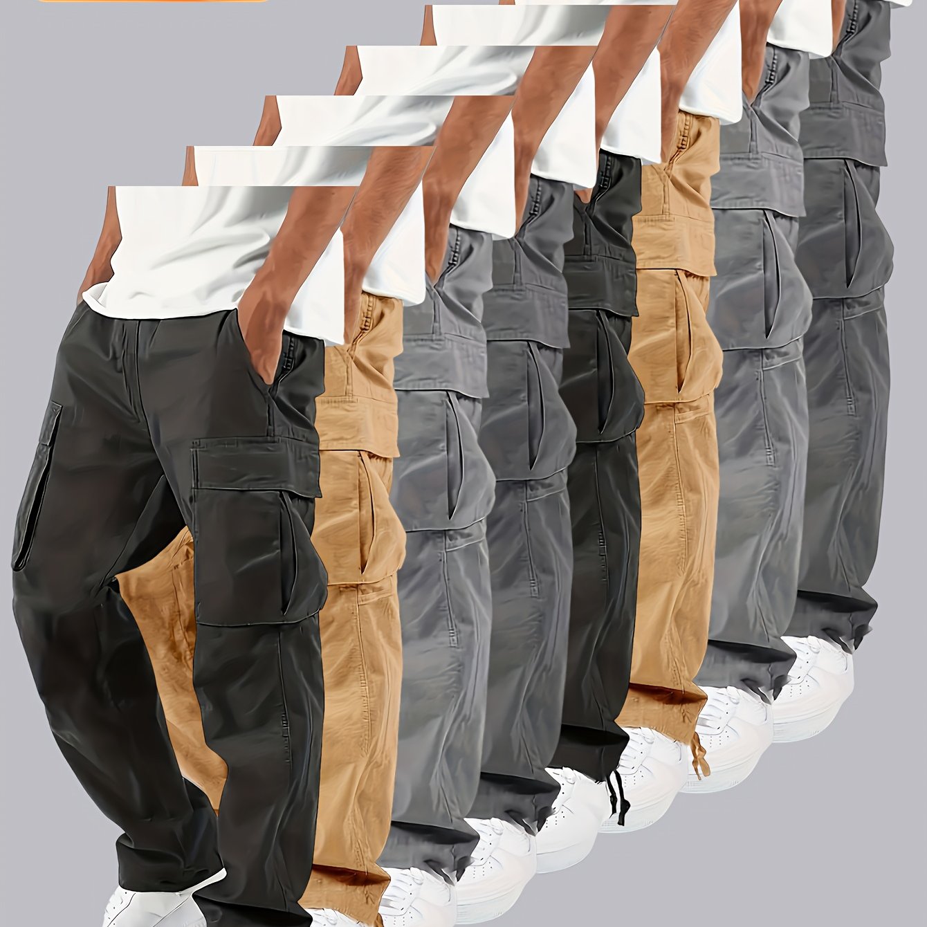 TEMU 8pcs Men's Loose, Casual And Comfortable Work Pants With Elastic Drawstring Waist And Multiple Pockets, Solid Color, Spring And Autumn Outdoor