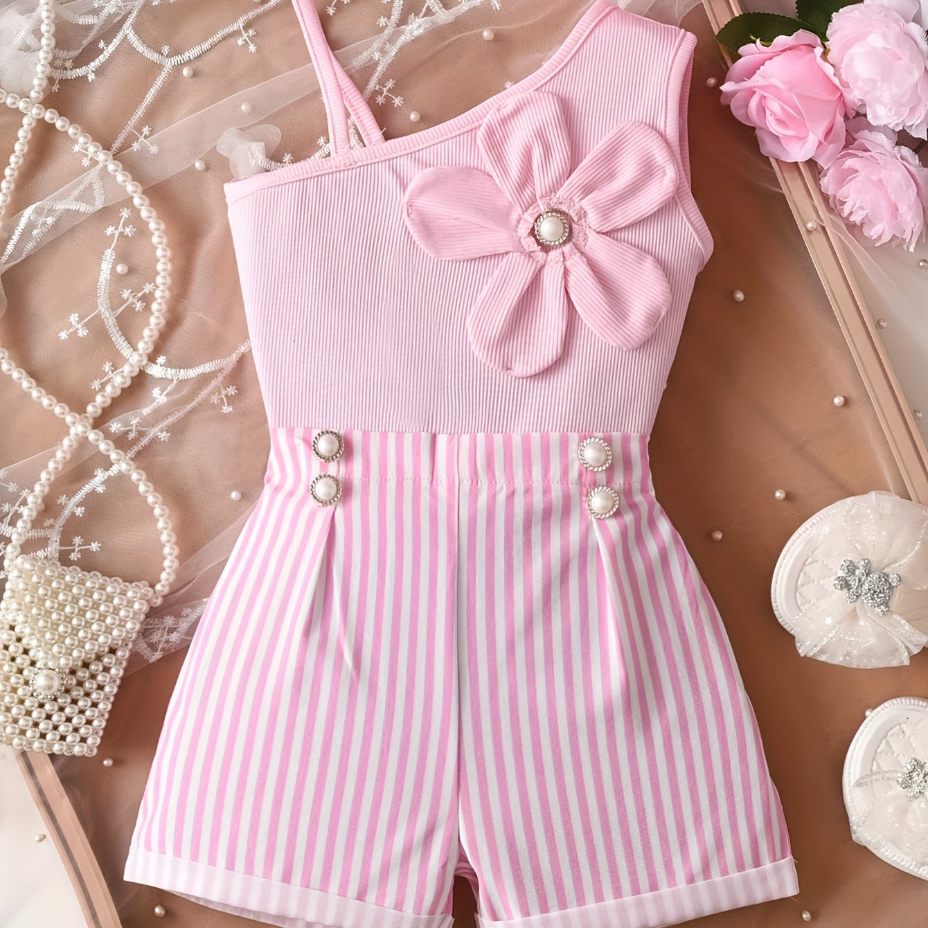 Image of 2pcs Set: Little Girl's Knitted High-elasticity Asymmetrical 3d Flower Camisole Top And Striped Shorts With Pearl Button Decoration, Cute Casual Summer Outfit For Girls, Perfect For Outdoor