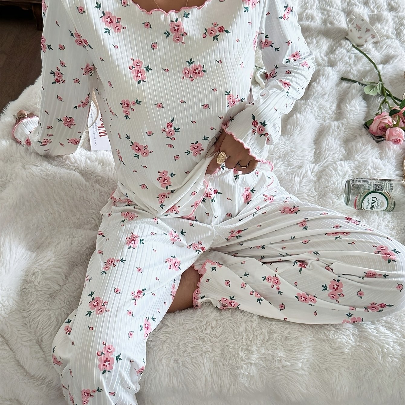 TEMU Women's Cute Polka Dot Floral Lace Trim Long Sleeve Top And Pants, Pajama Set, Sleepwear Women's 2pcs Set, Autumn Winter Clothing